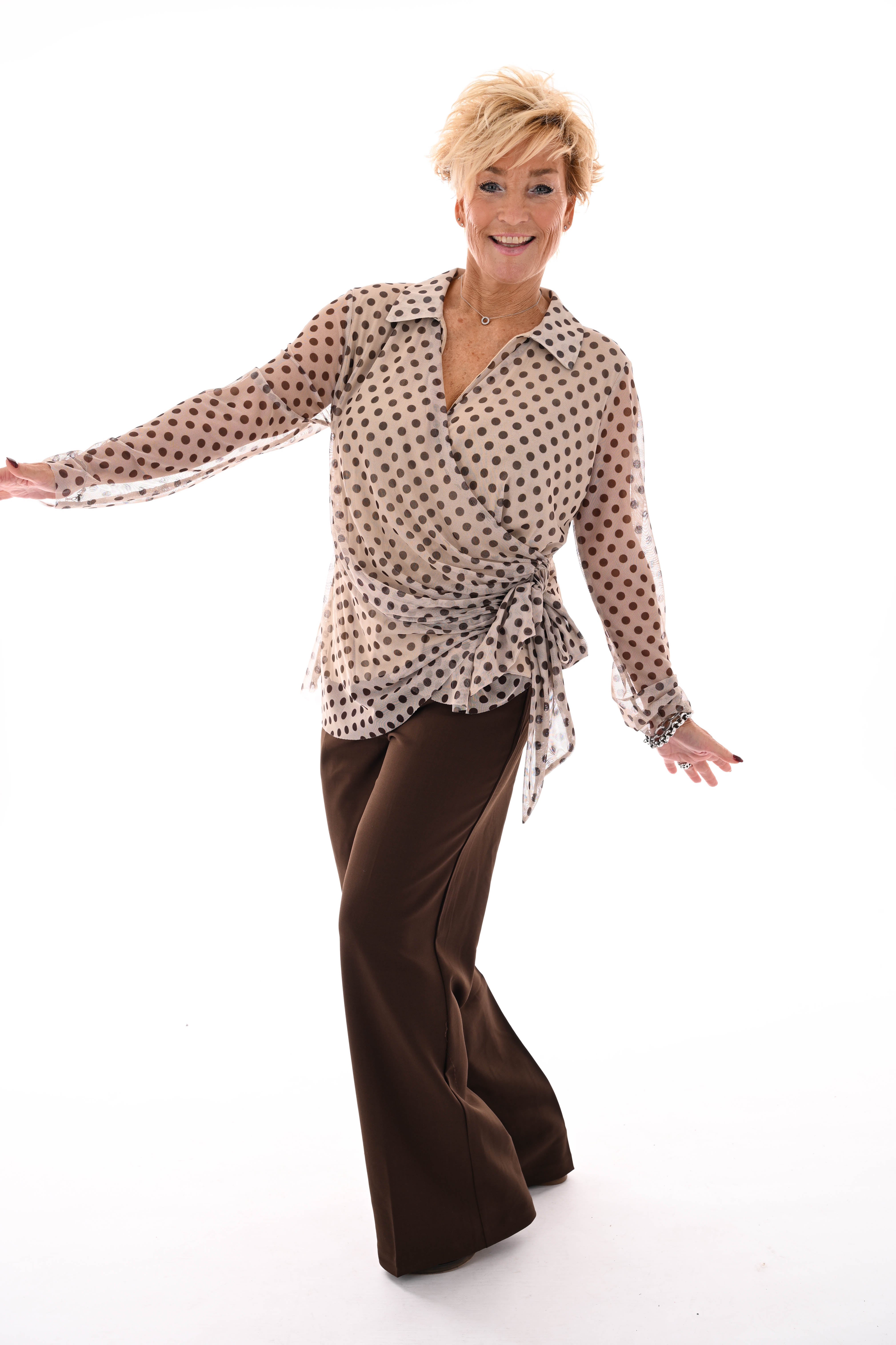 Top v-hals dots met strik beige