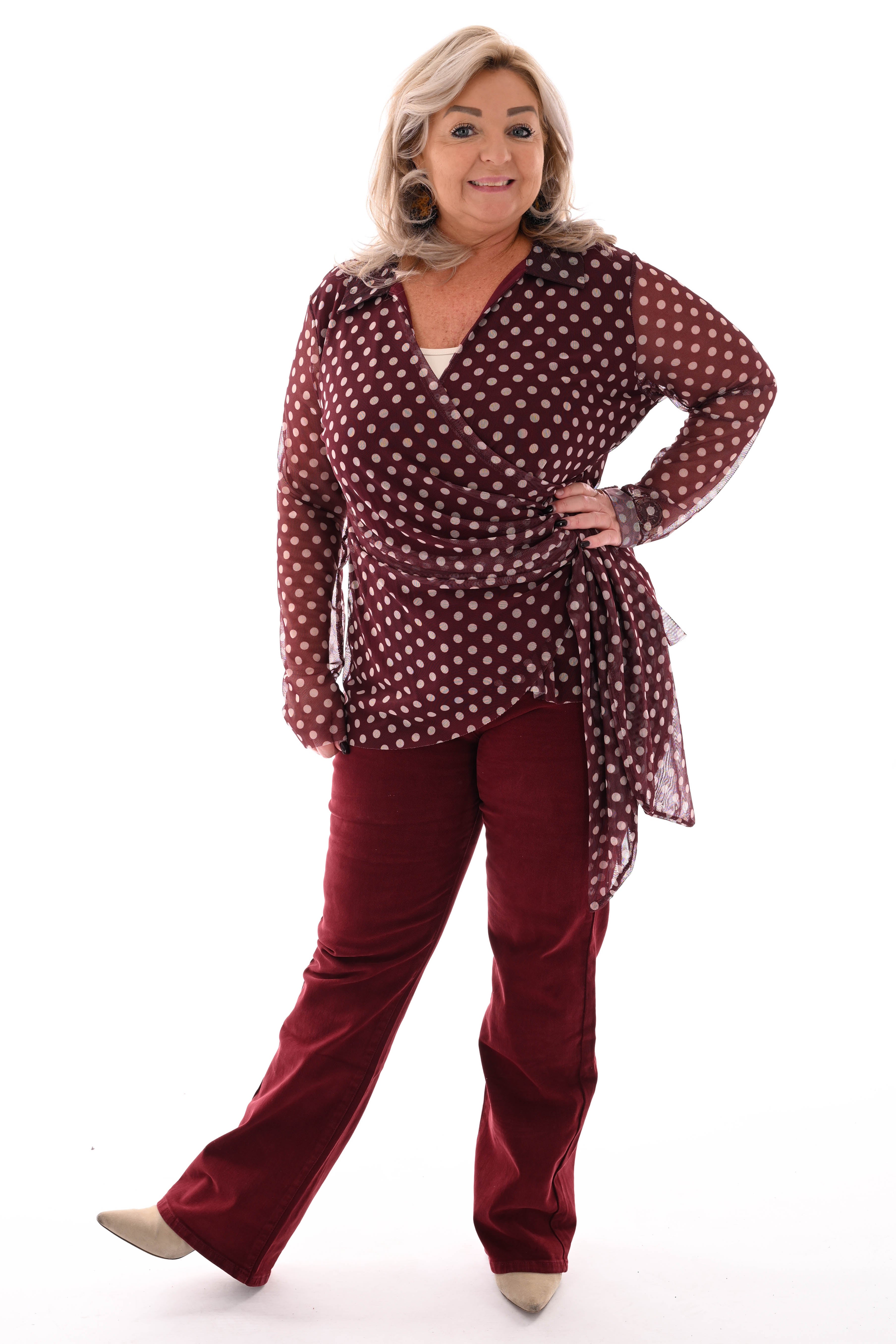 Top v-hals dots met strik bordeaux