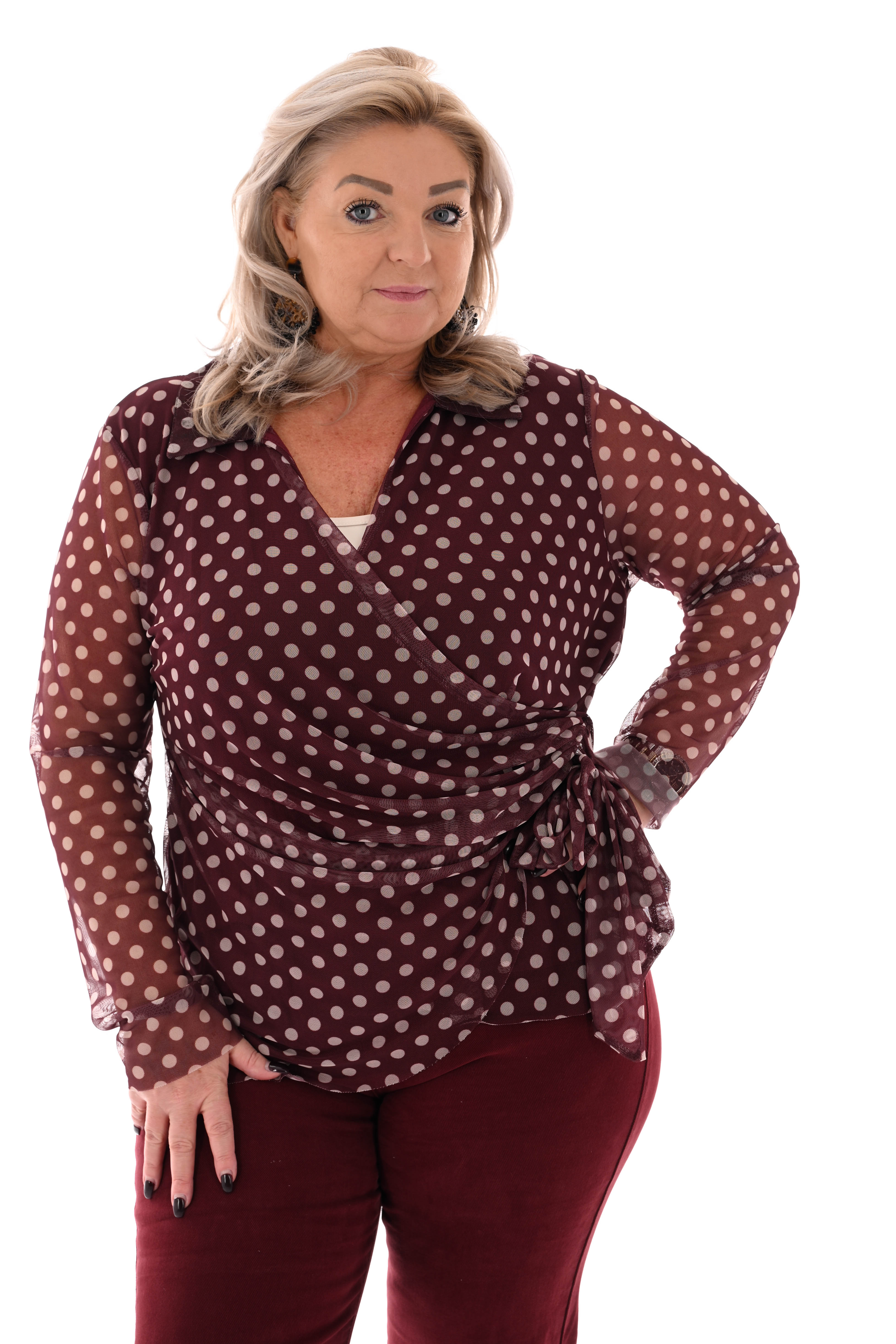 Top v-hals dots met strik bordeaux