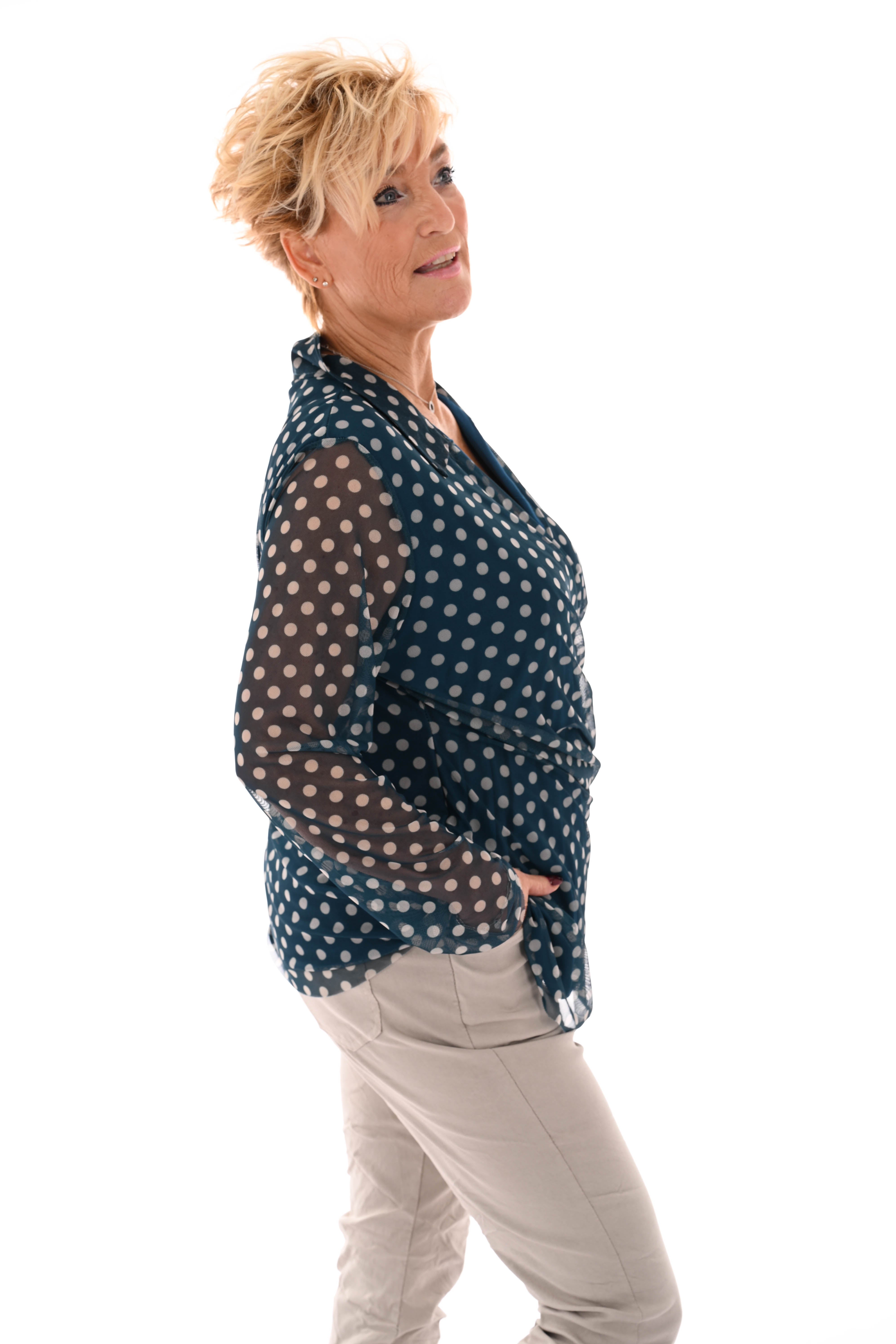 Top v-hals dots met strik petrol