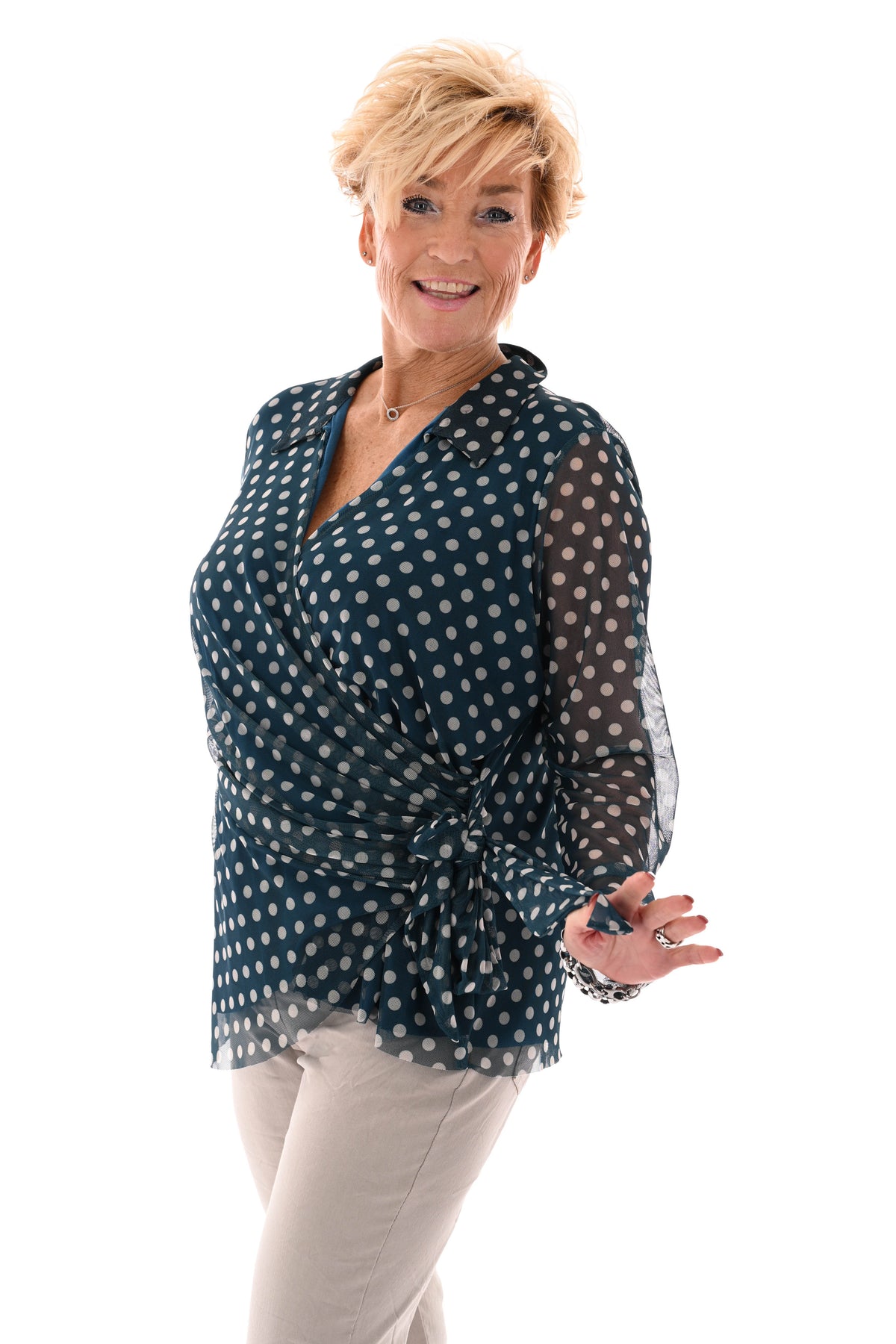 Top v-hals dots met strik petrol