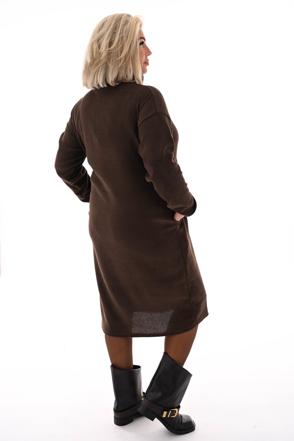 Jurk rib met col donkerbruin