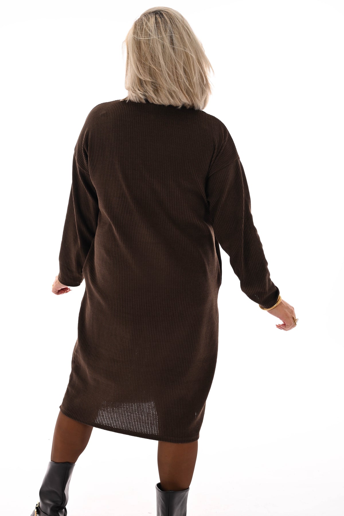 Jurk rib met col donkerbruin