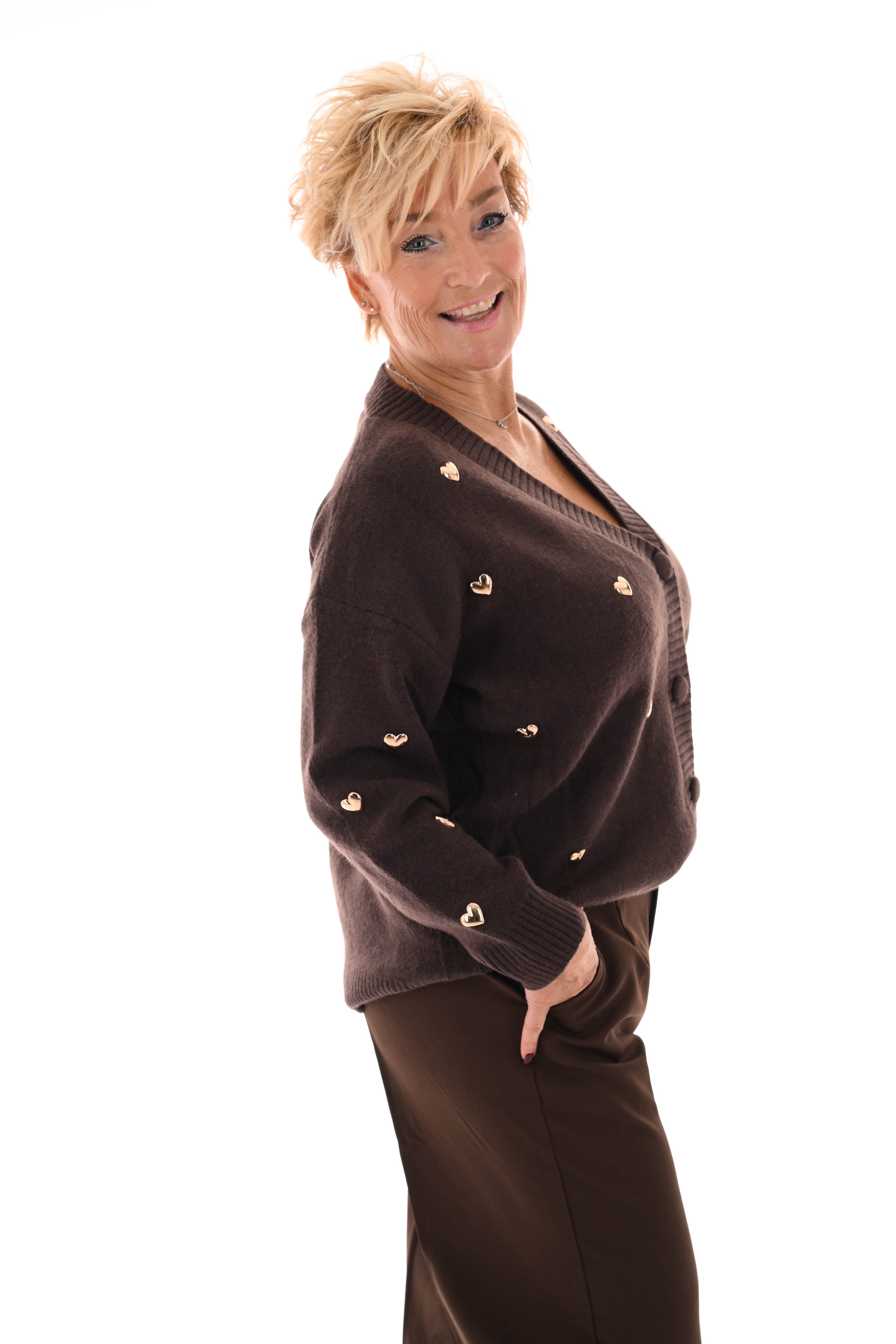 Kort vest hartjes v-hals bruin