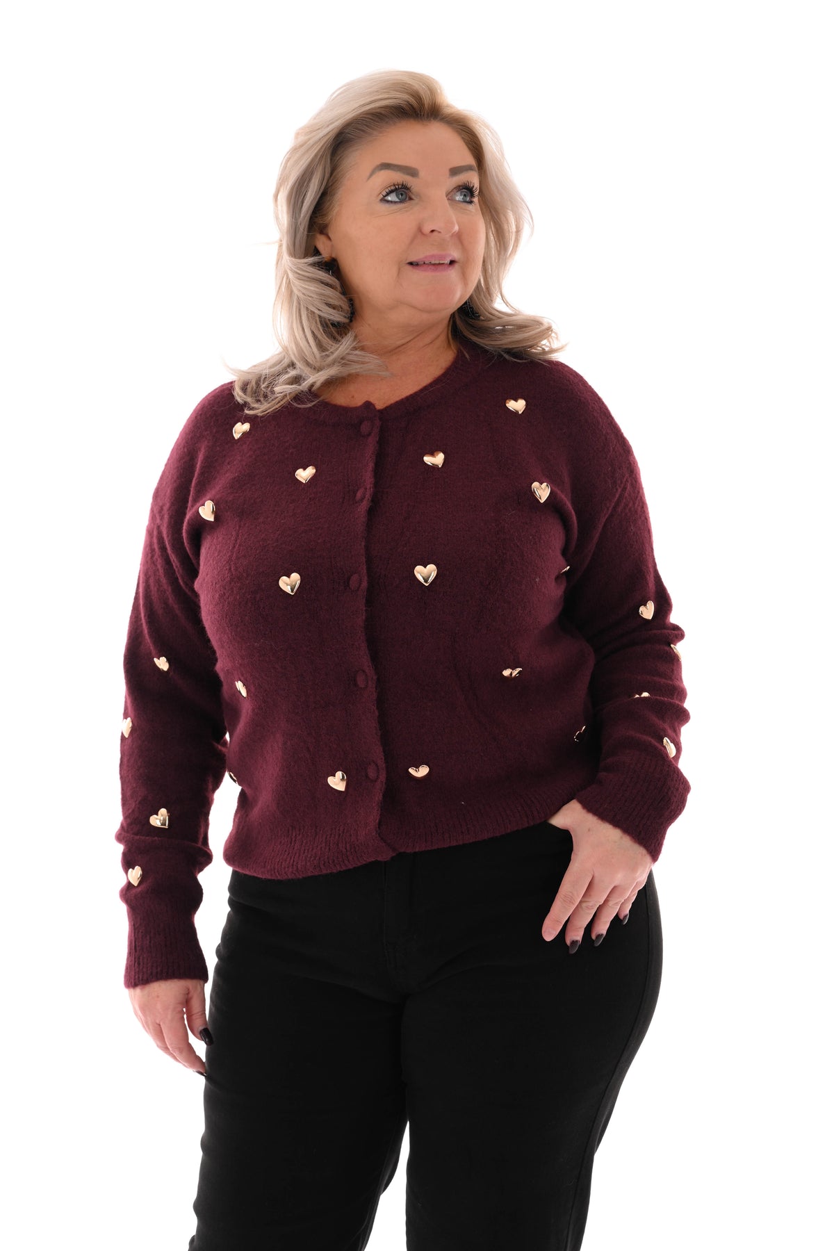 Kort vest hartjes ronde hals aubergine