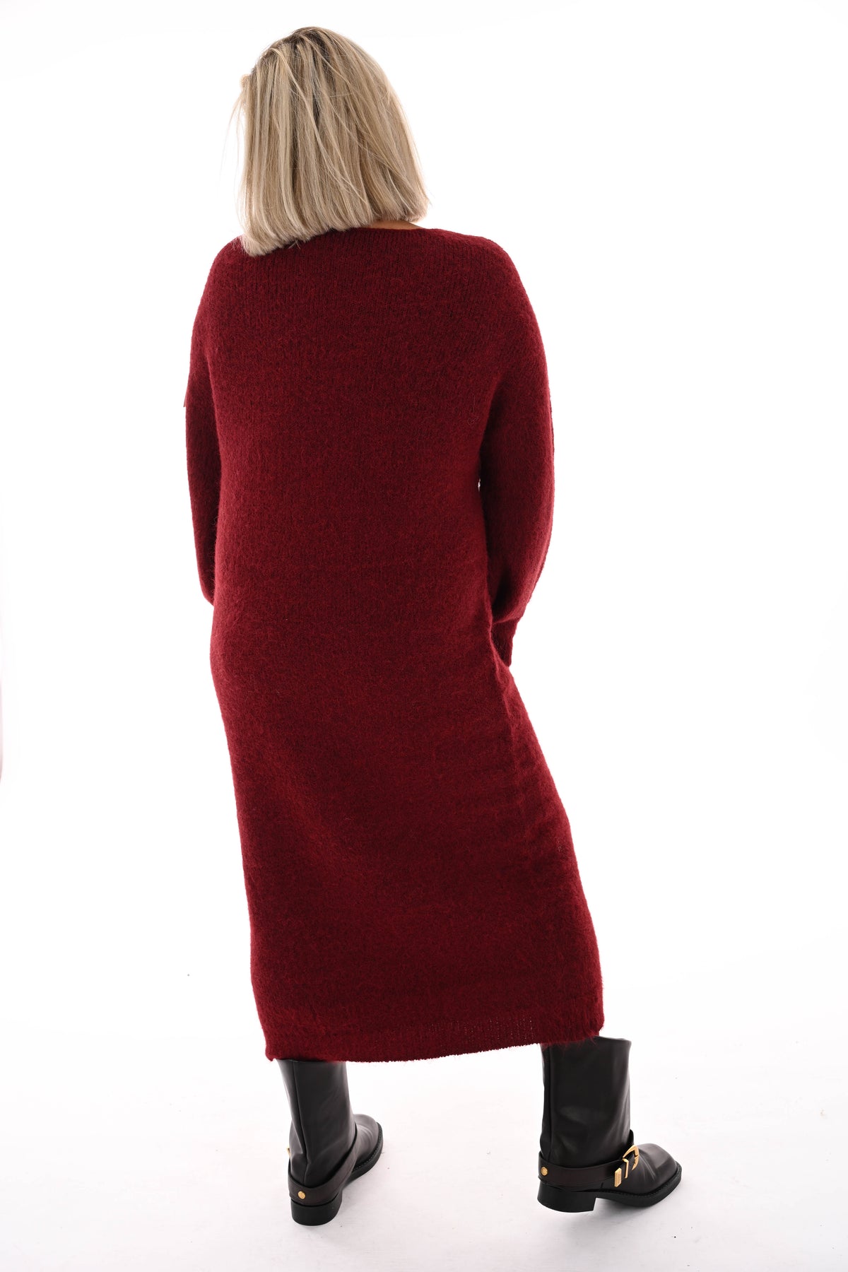 Jurk lang fijn gebreid  v-hals bordeaux