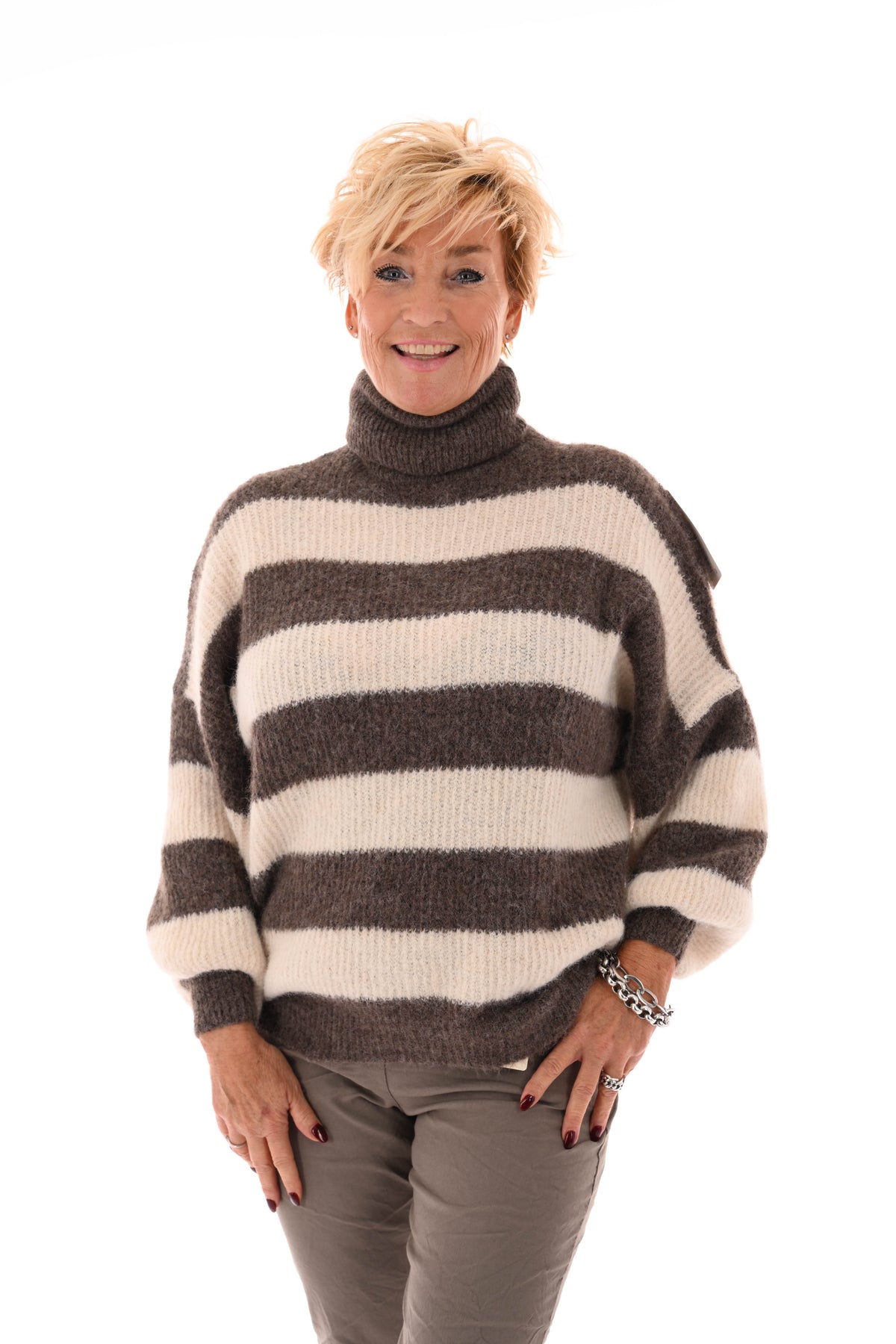 Gebreide coltrui met strepen taupe
