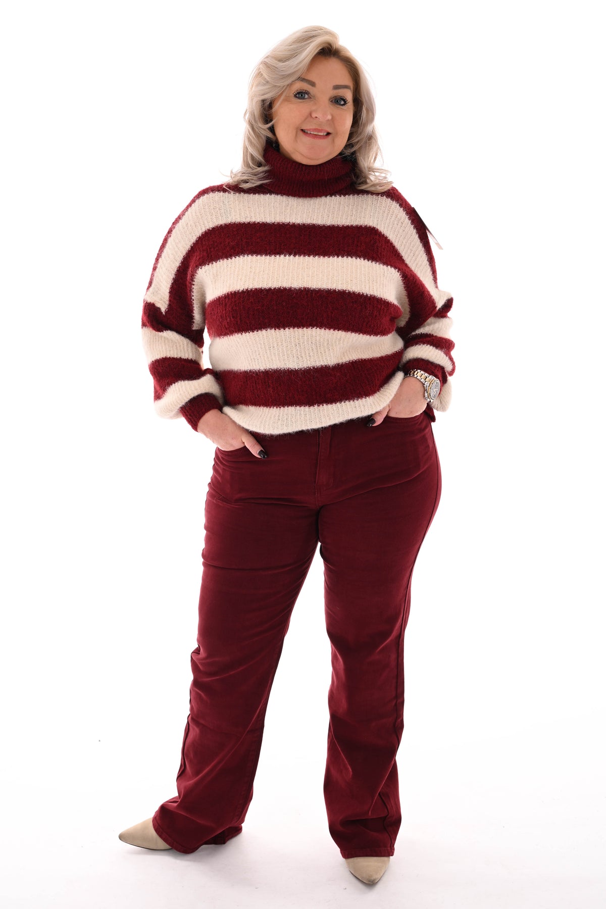 Gebreide coltrui met strepen bordeaux