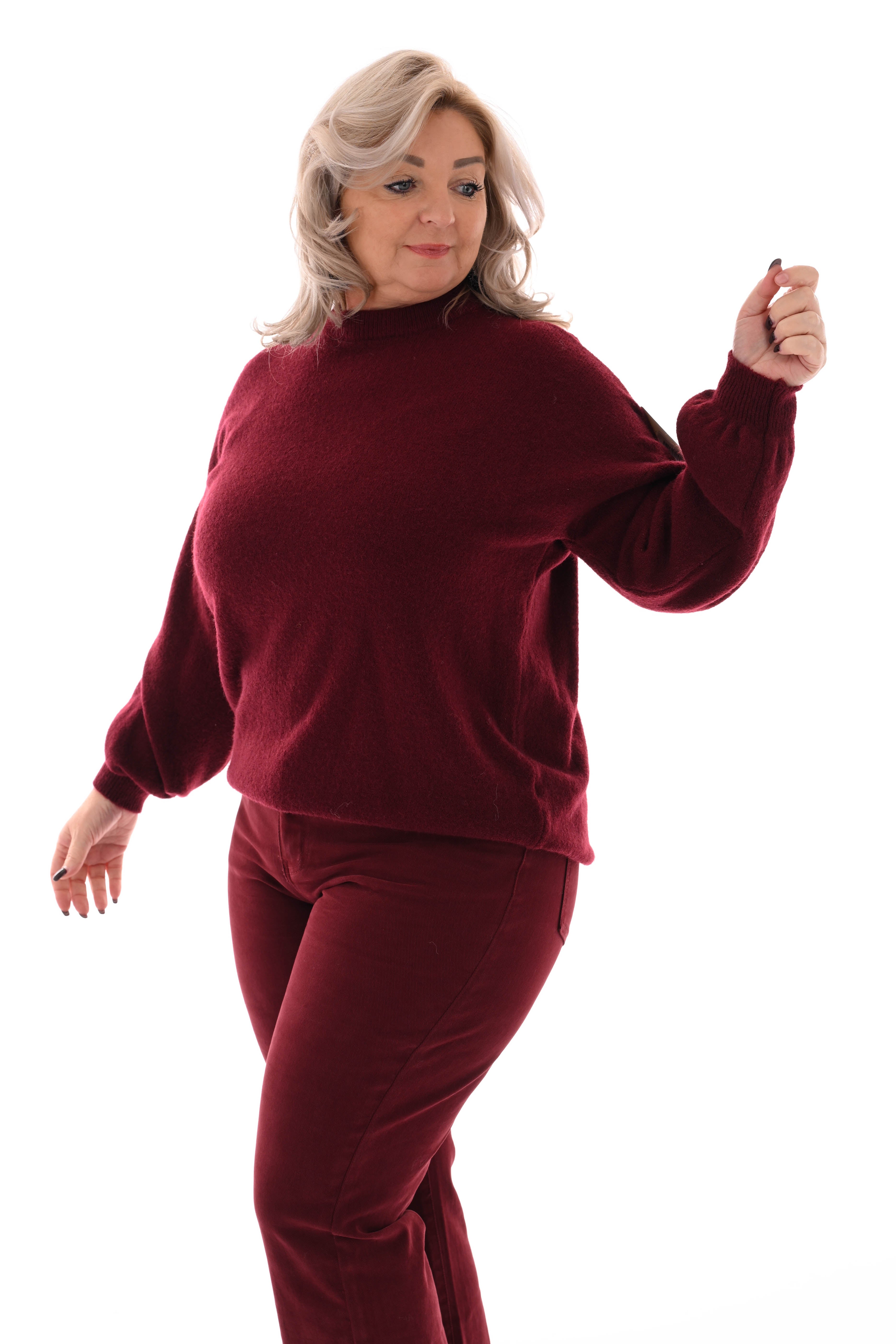 Fijn gebreide trui ronde hals uni bordeaux