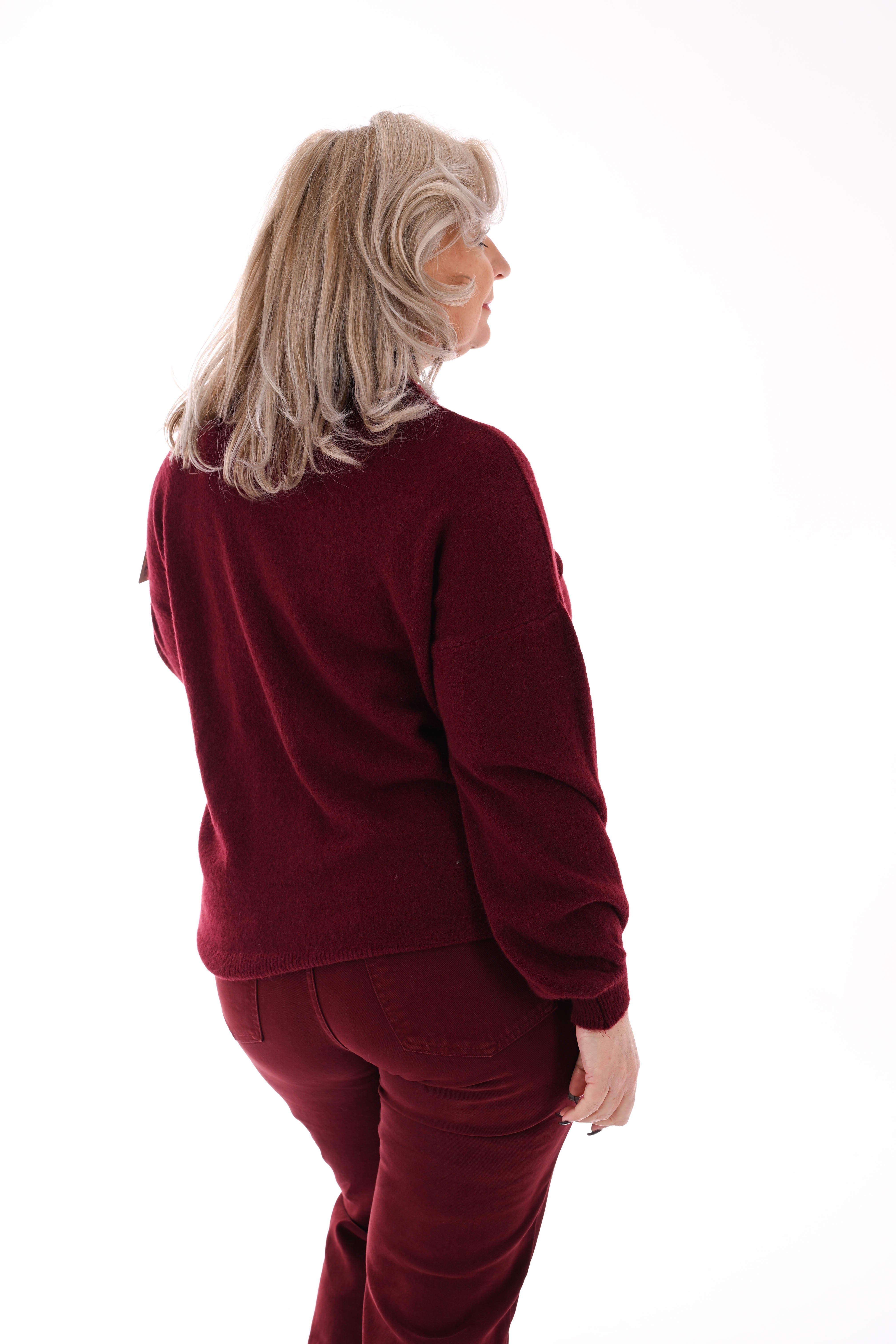 Fijn gebreide trui ronde hals uni bordeaux