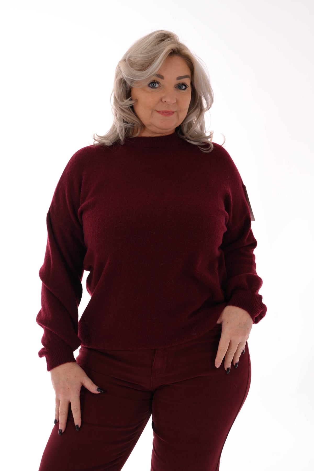 Fijn gebreide trui ronde hals uni bordeaux