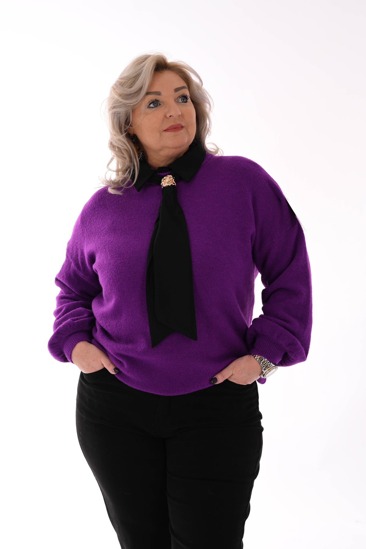 Fijn gebreide trui ronde hals uni paars