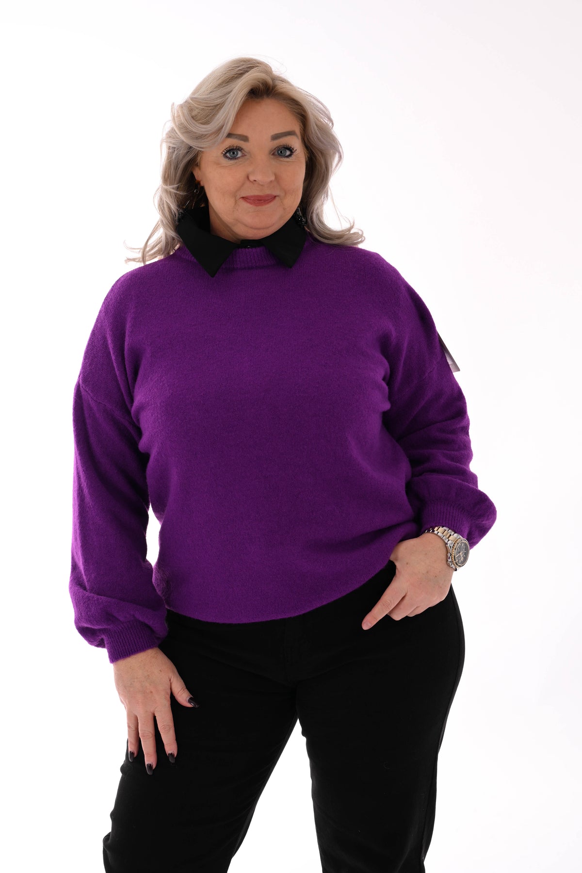 Fijn gebreide trui ronde hals uni paars