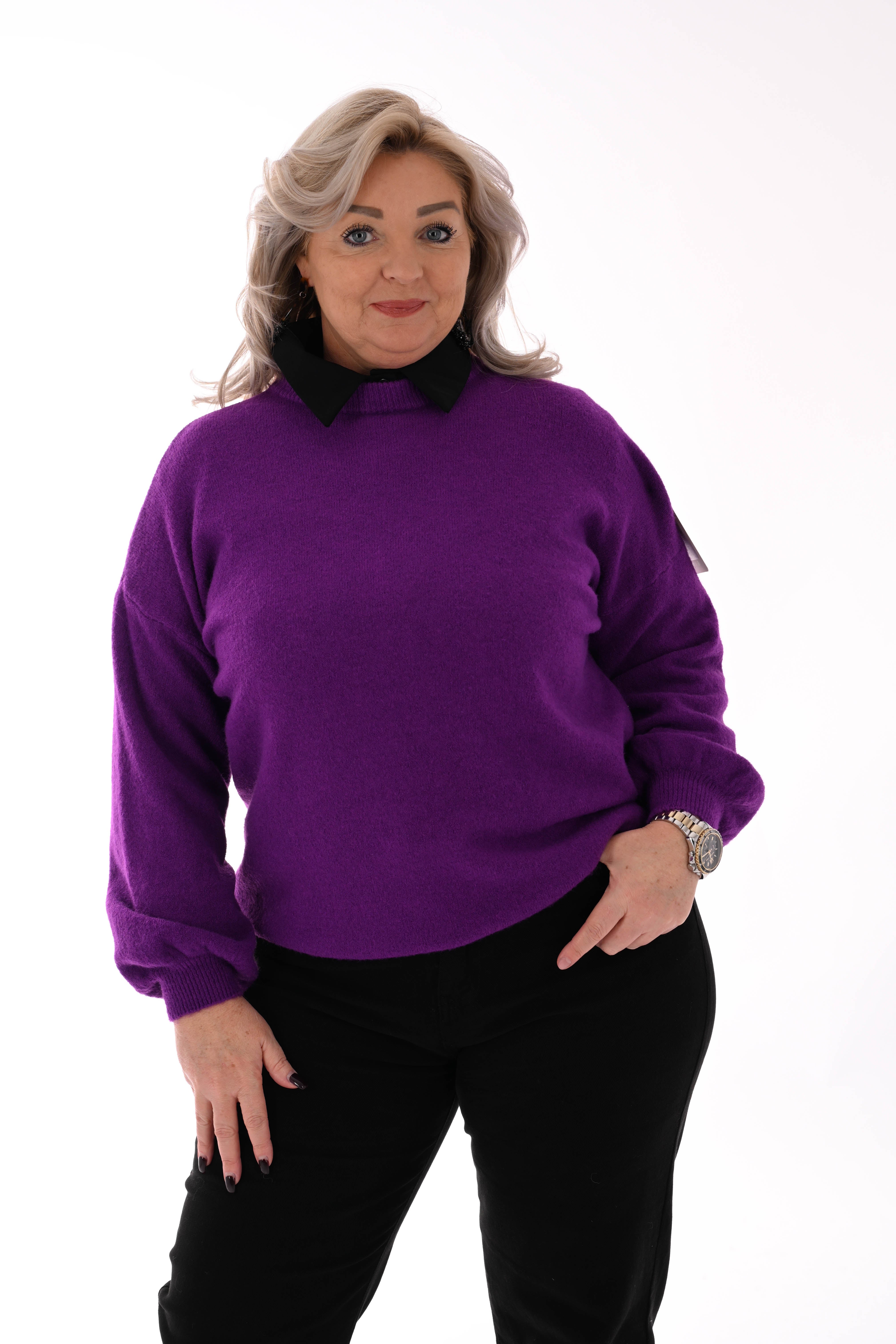 Fijn gebreide trui ronde hals uni paars