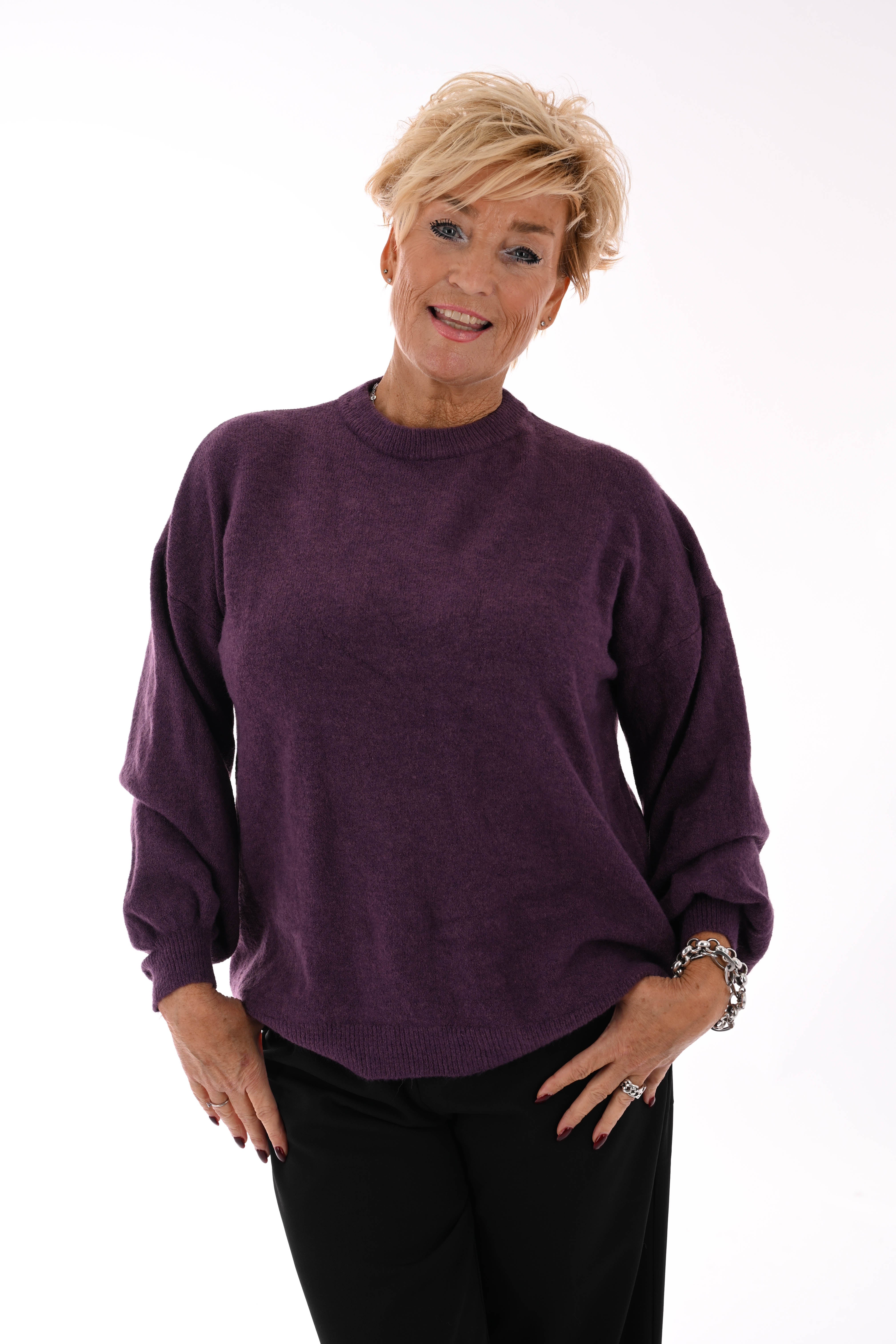 Fijn gebreide trui ronde hals uni aubergine