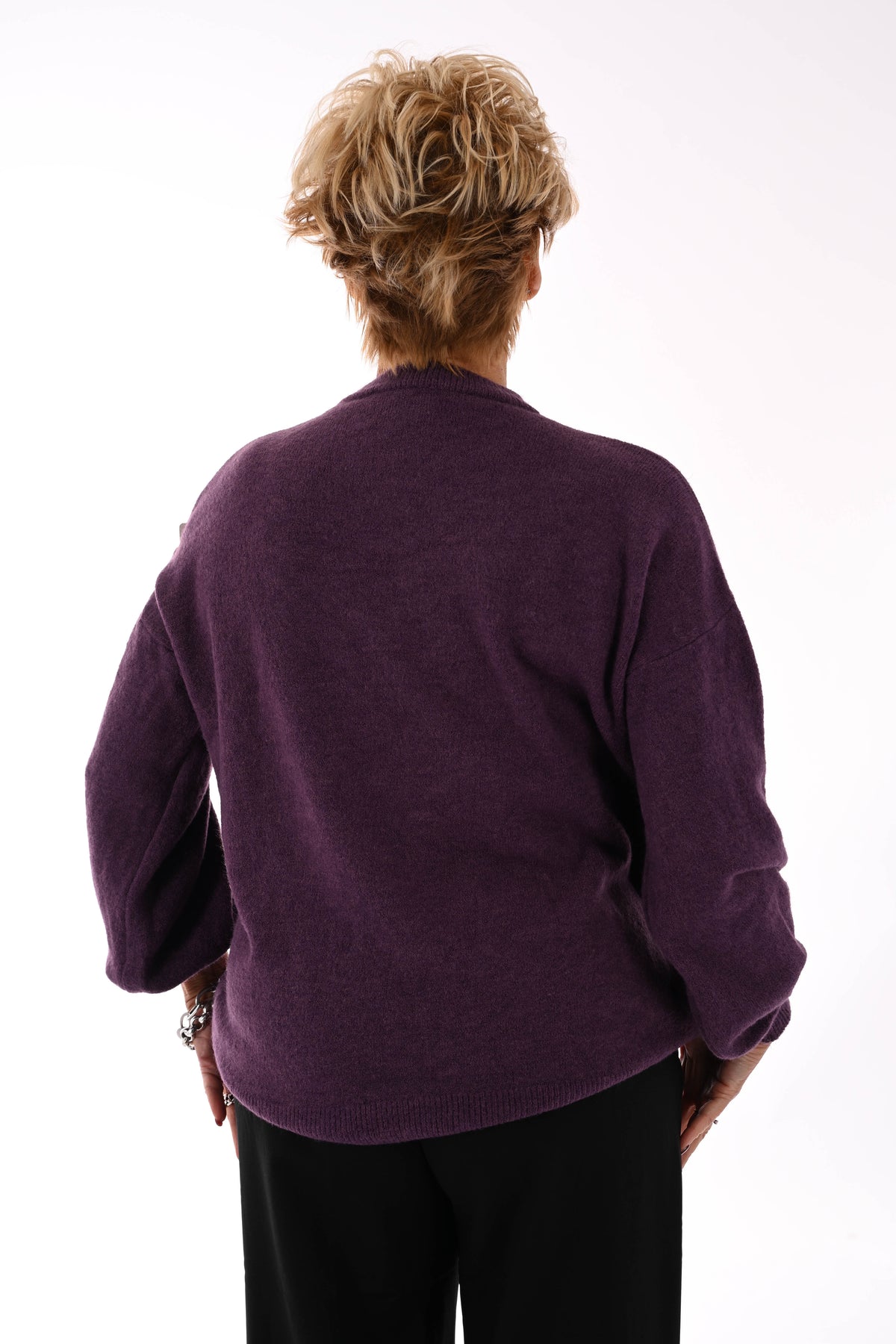 Fijn gebreide trui ronde hals uni aubergine