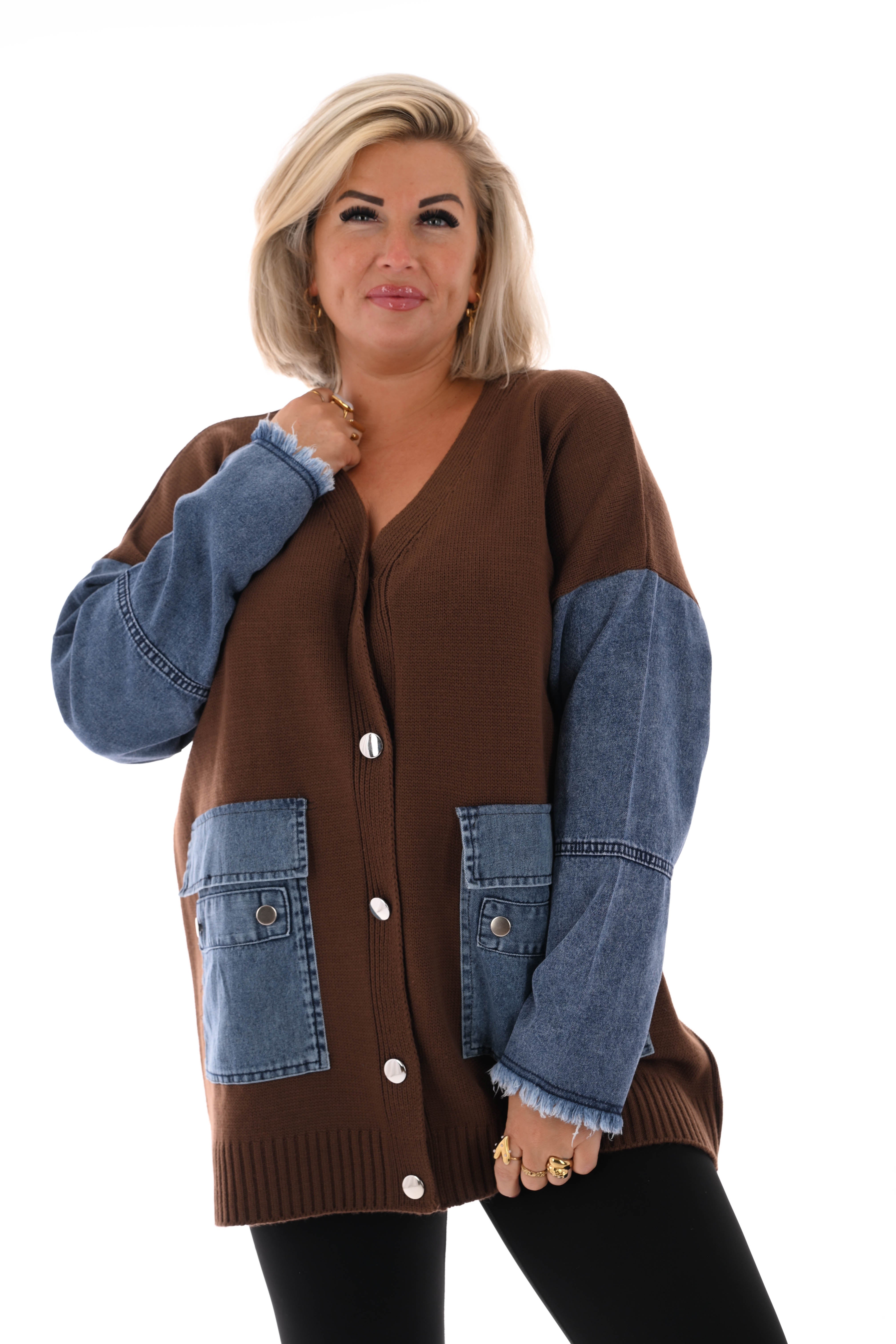 Gebreid vest met jeans bruin