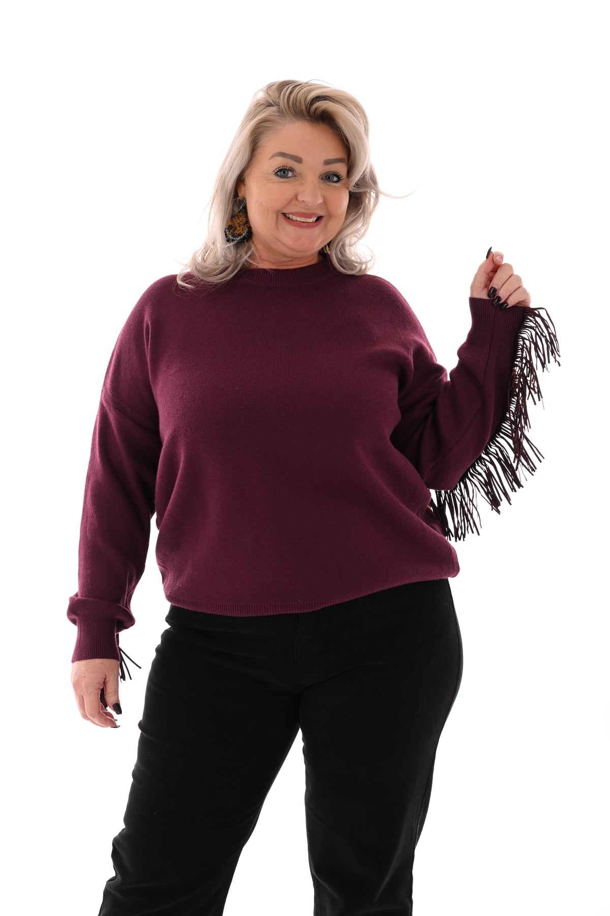 Trui ronde hals franjes met studs aubergine