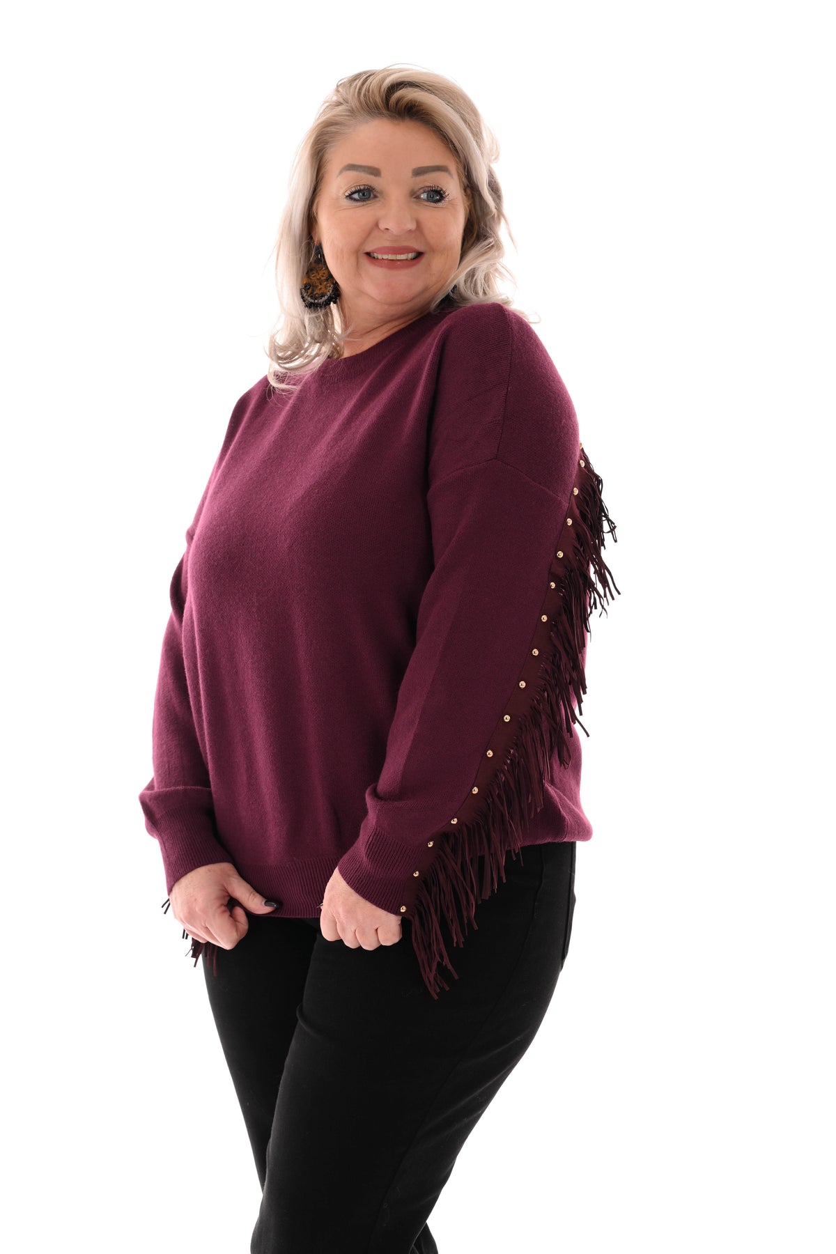 Trui ronde hals franjes met studs aubergine