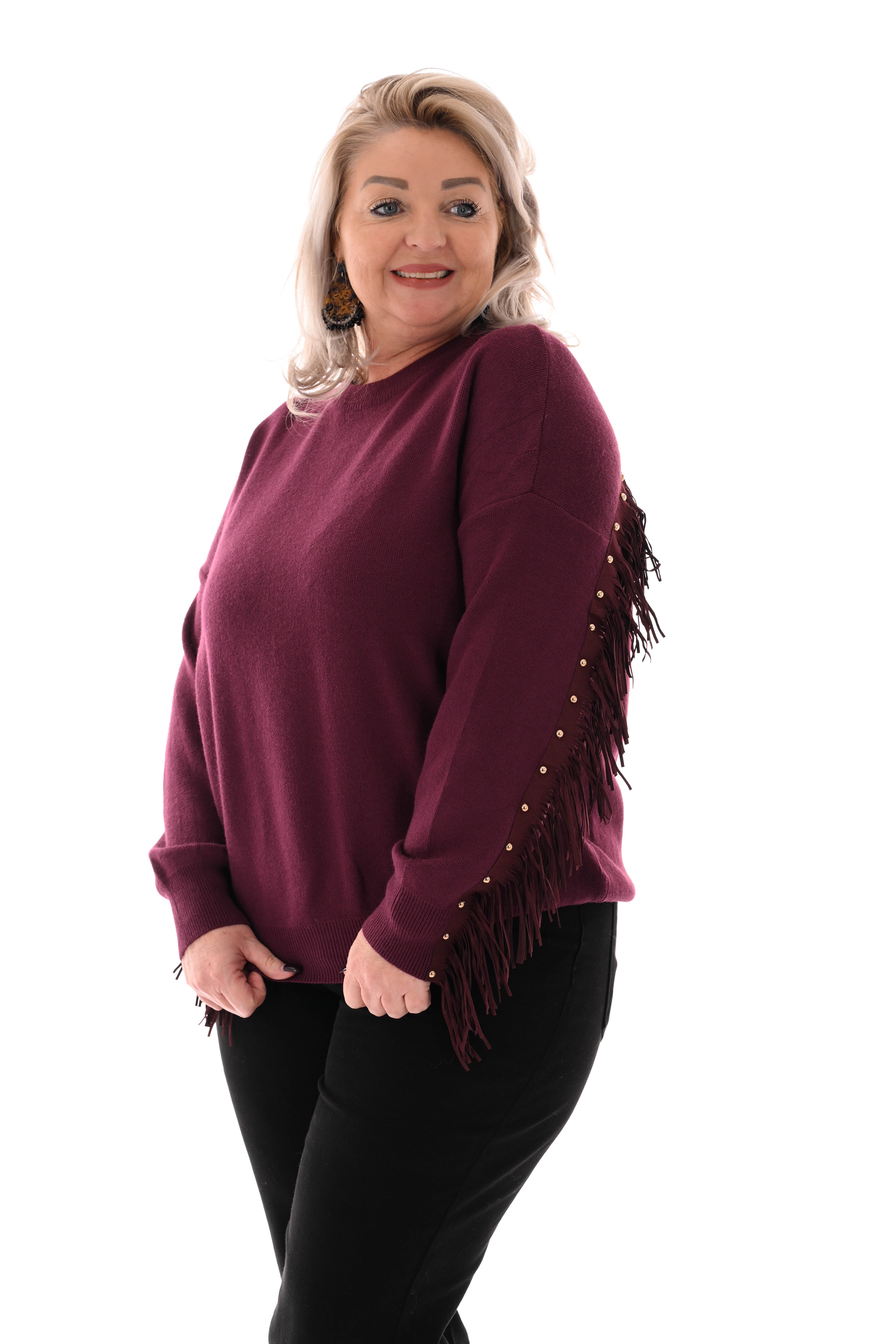 Trui ronde hals franjes met studs aubergine