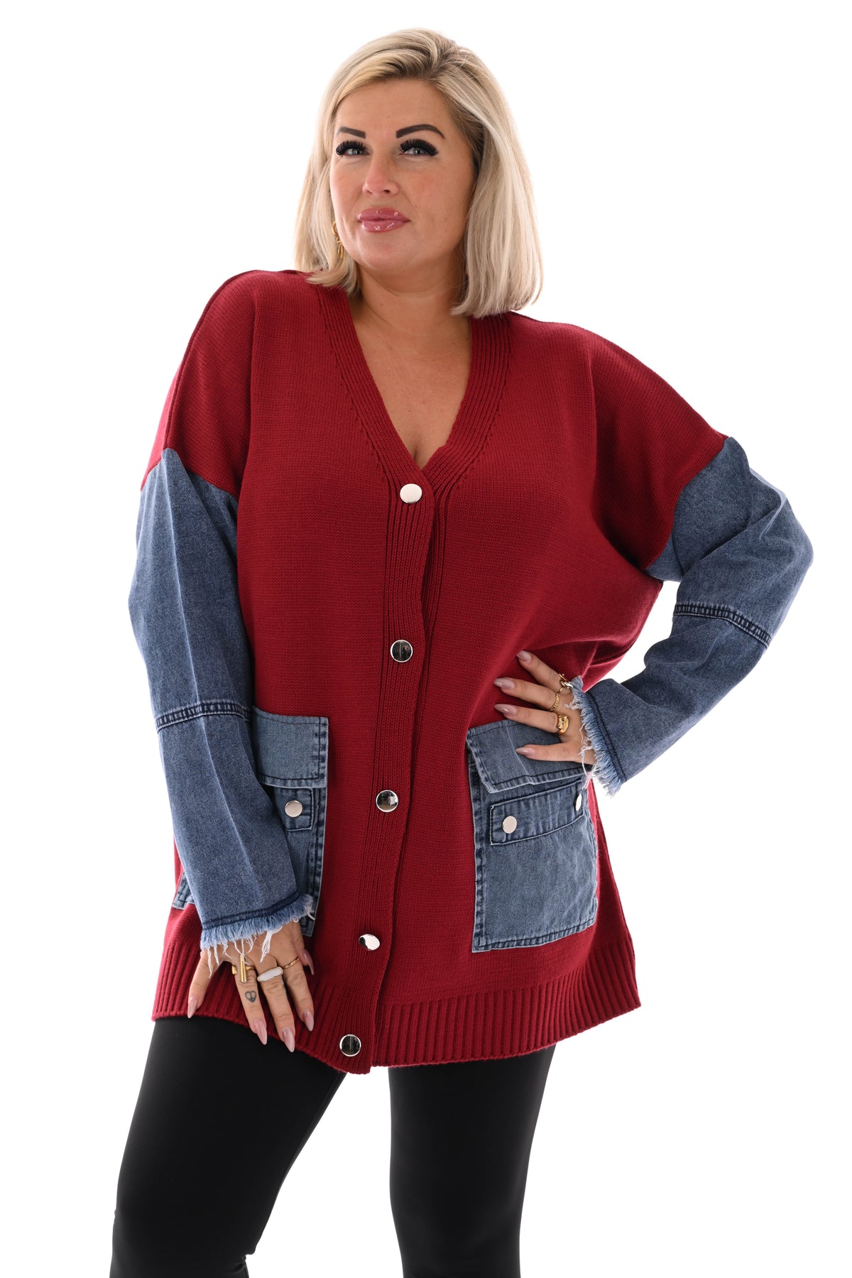 Gebreid vest met jeans rood