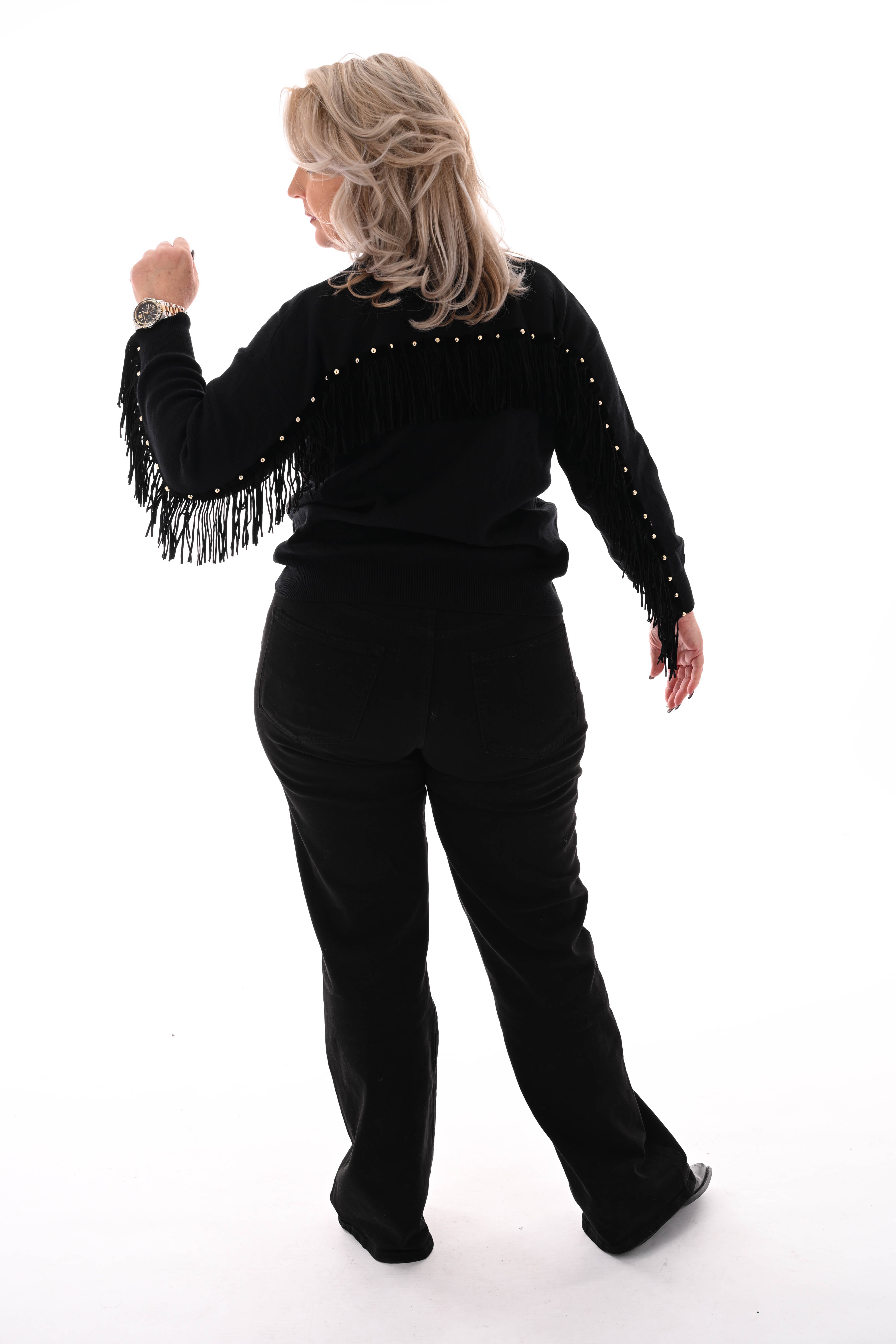 Trui ronde hals franjes met studs zwart