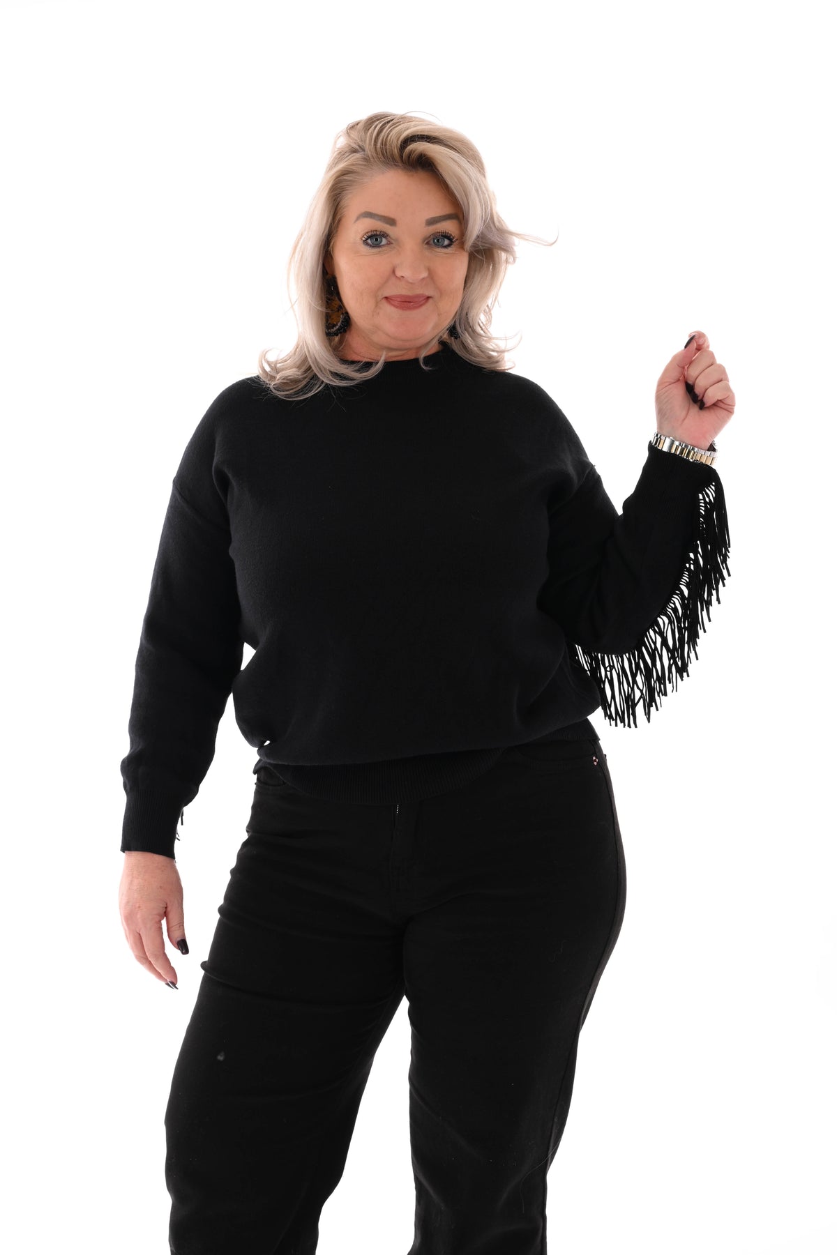 Trui ronde hals franjes met studs zwart