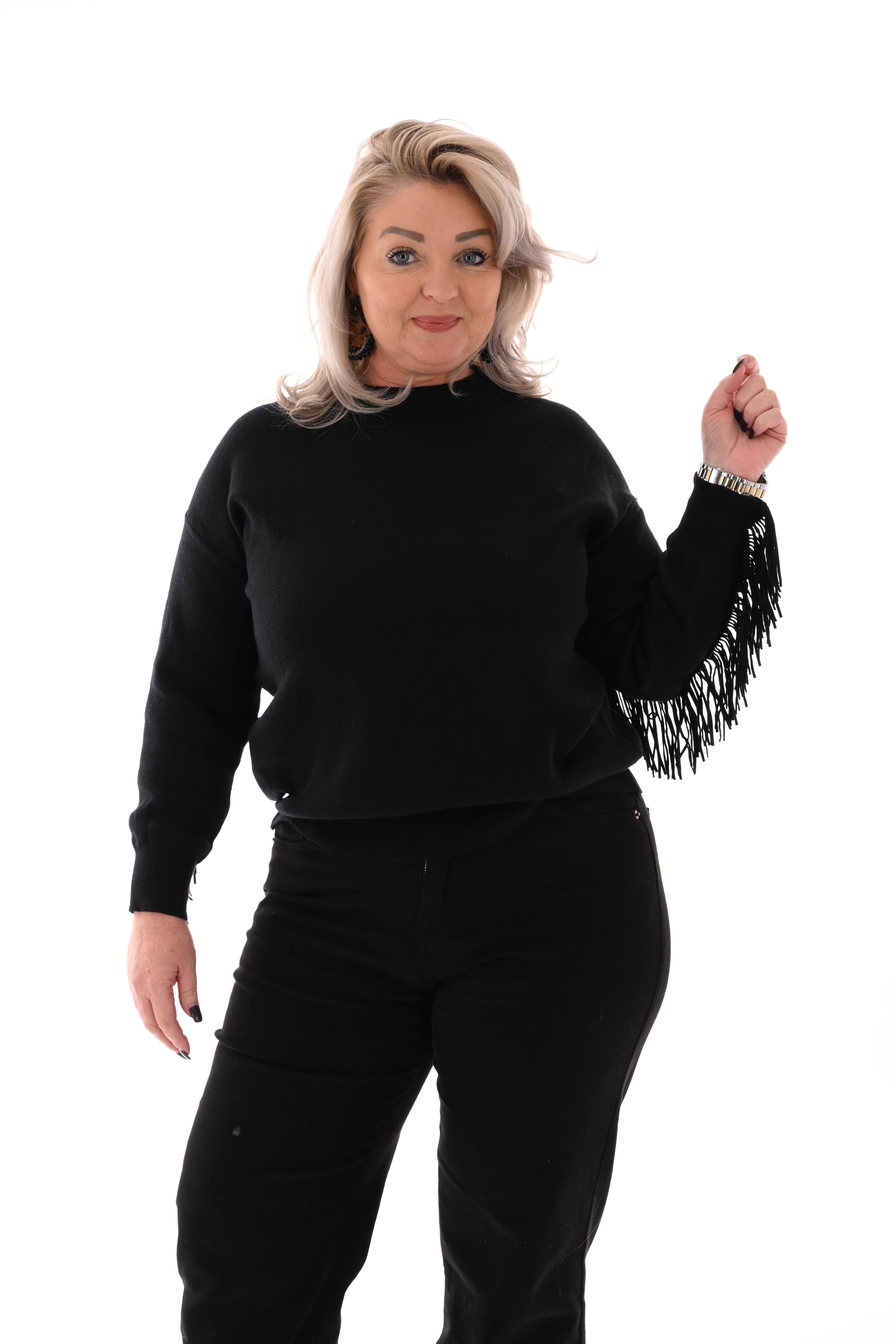 Trui ronde hals franjes met studs zwart