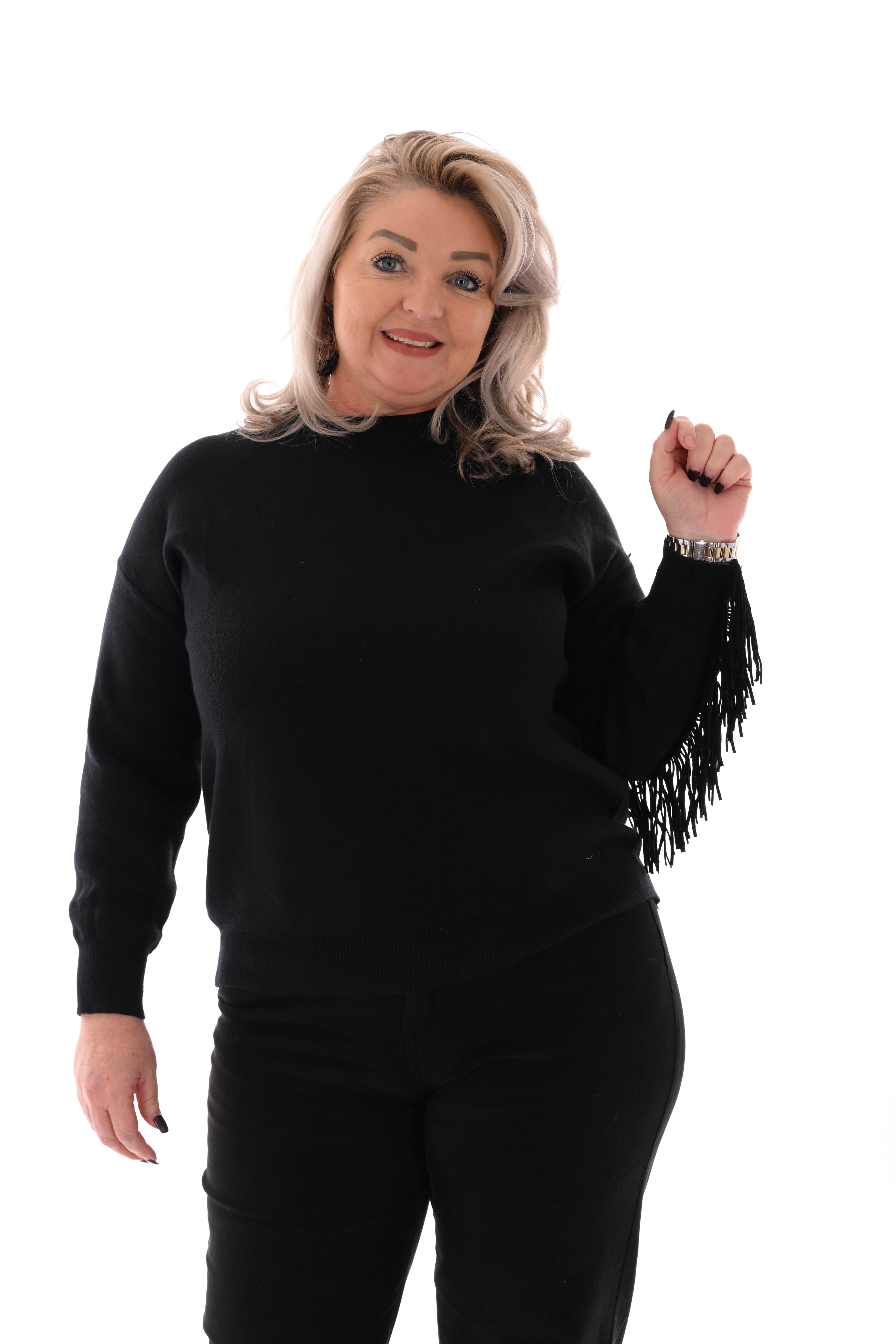 Trui ronde hals franjes met studs zwart