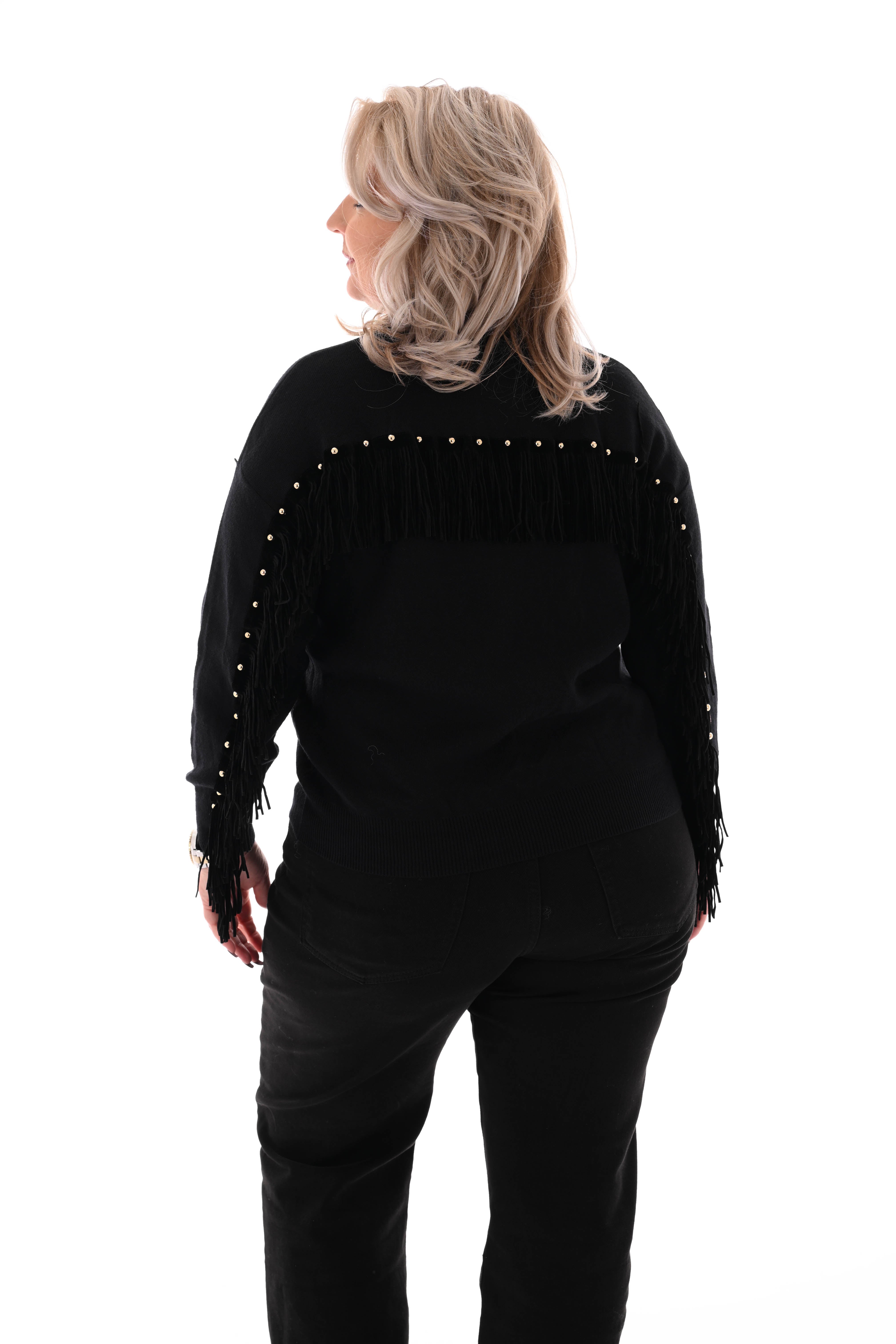 Trui ronde hals franjes met studs zwart