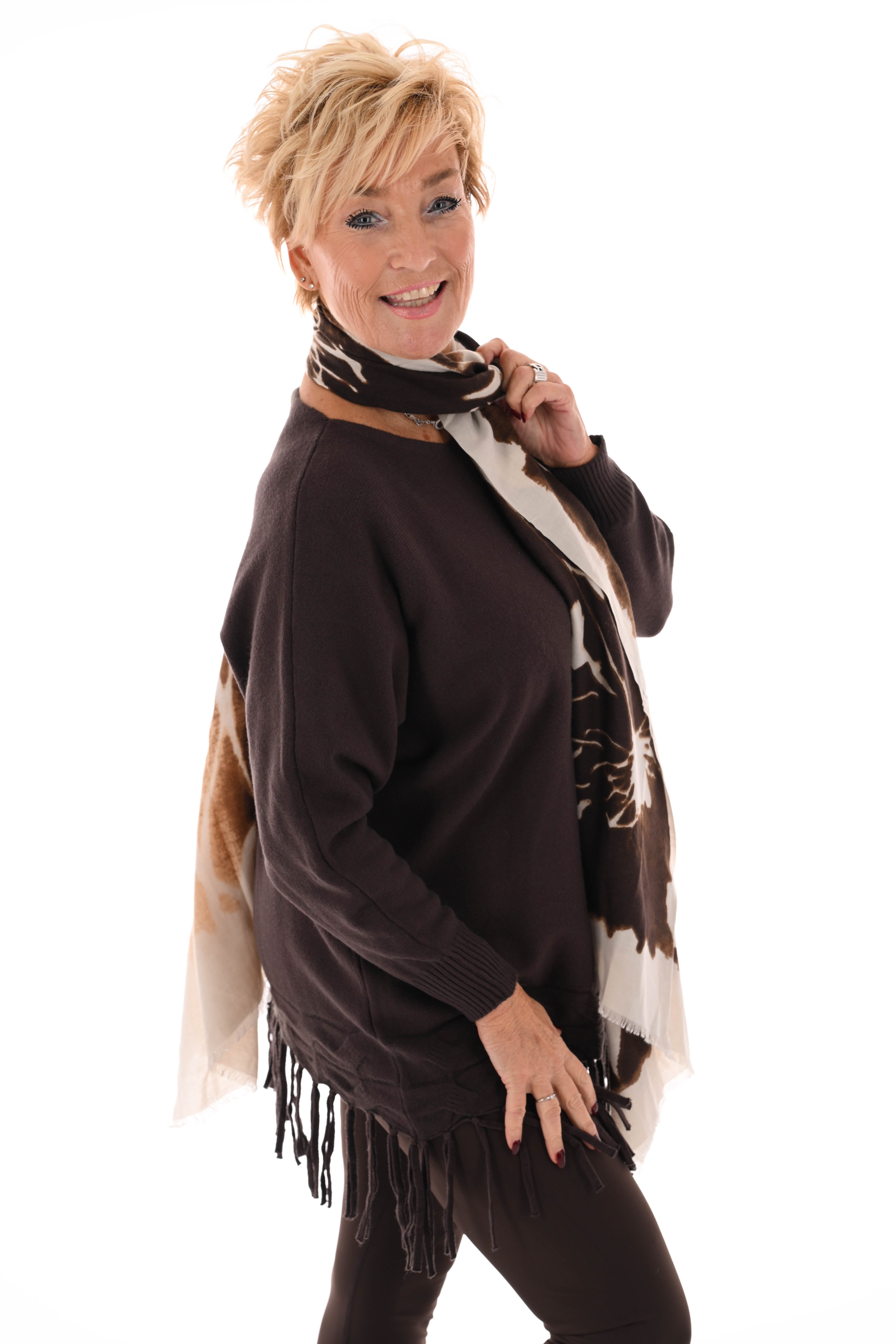 Trui met franjes donkerbruin