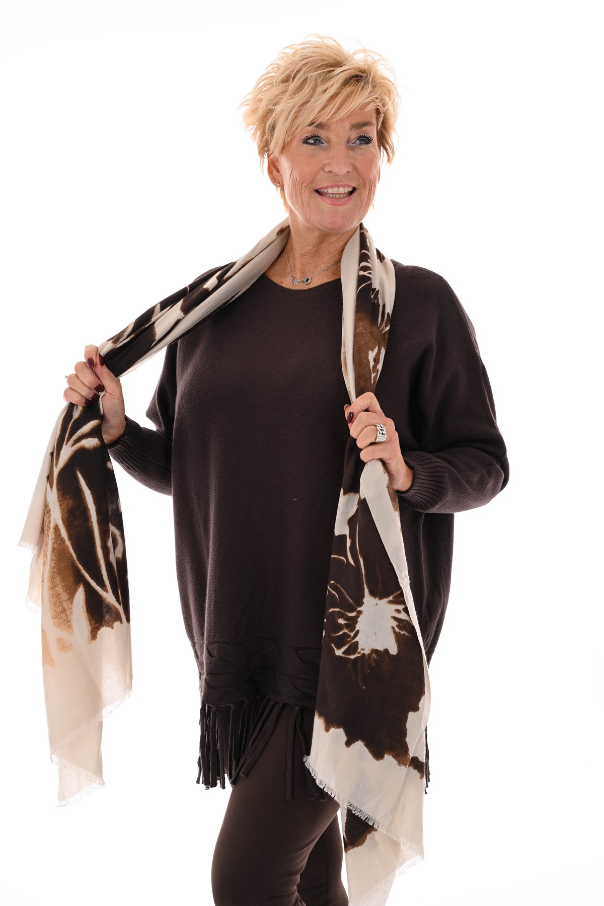 Trui met franjes donkerbruin