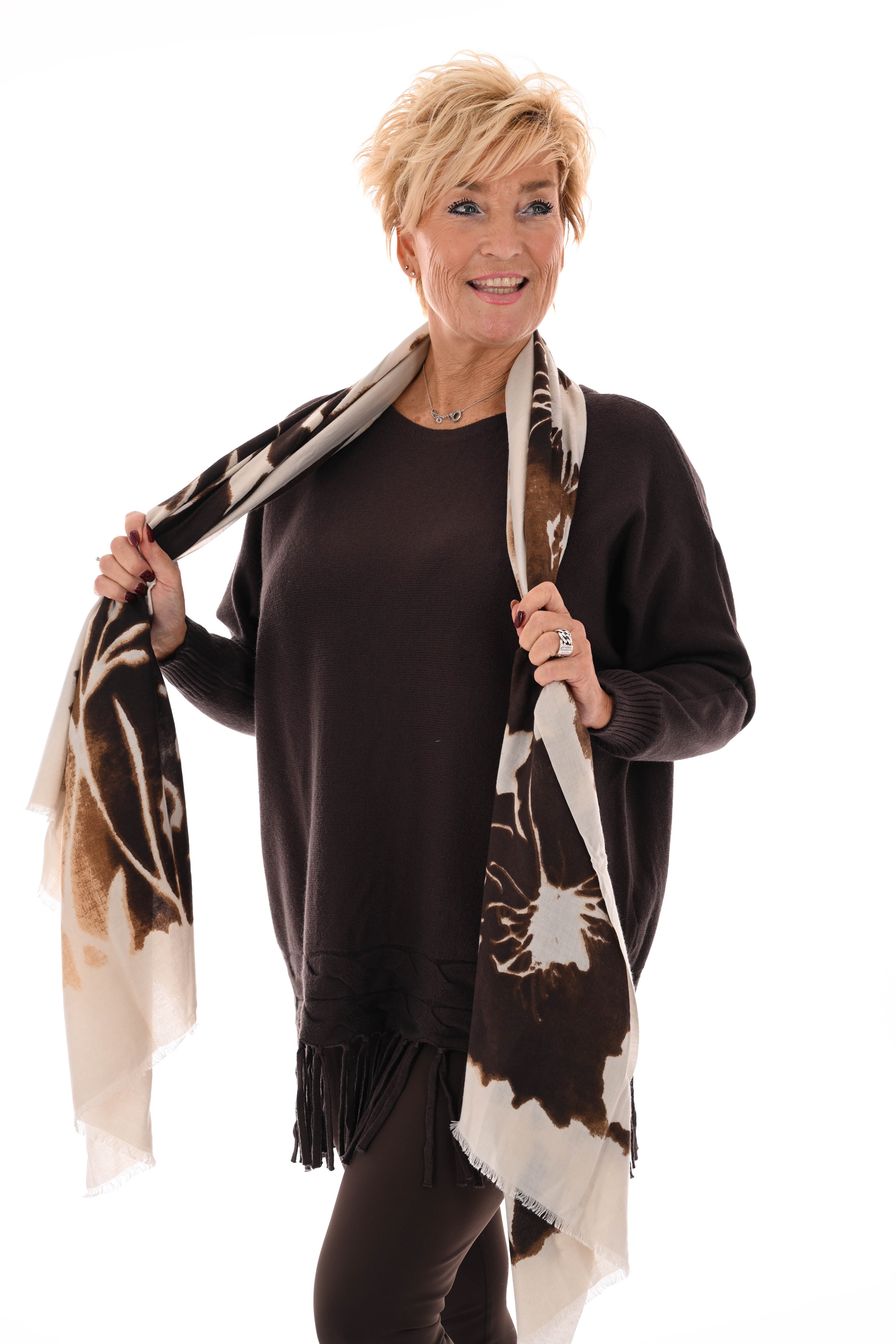 Trui met franjes donkerbruin