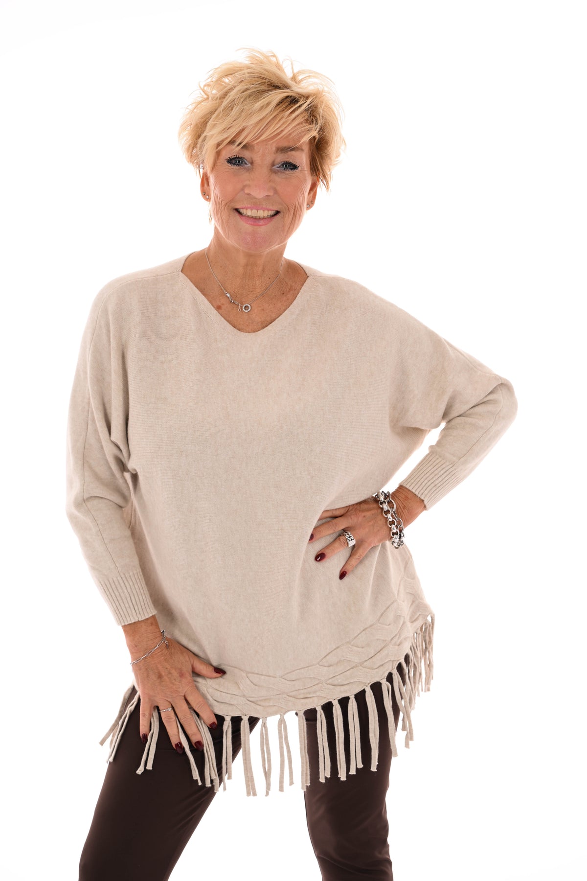Trui met franjes beige