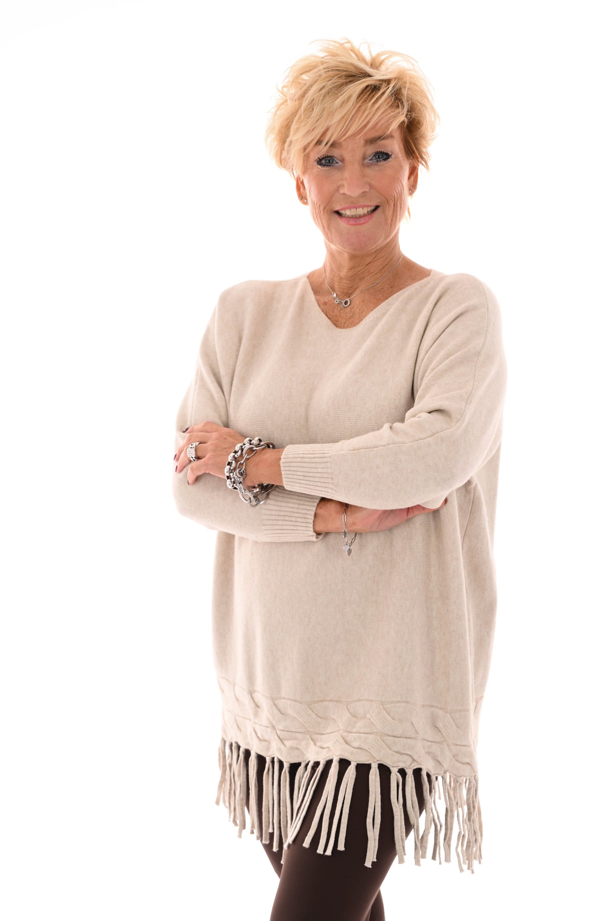 Trui met franjes beige