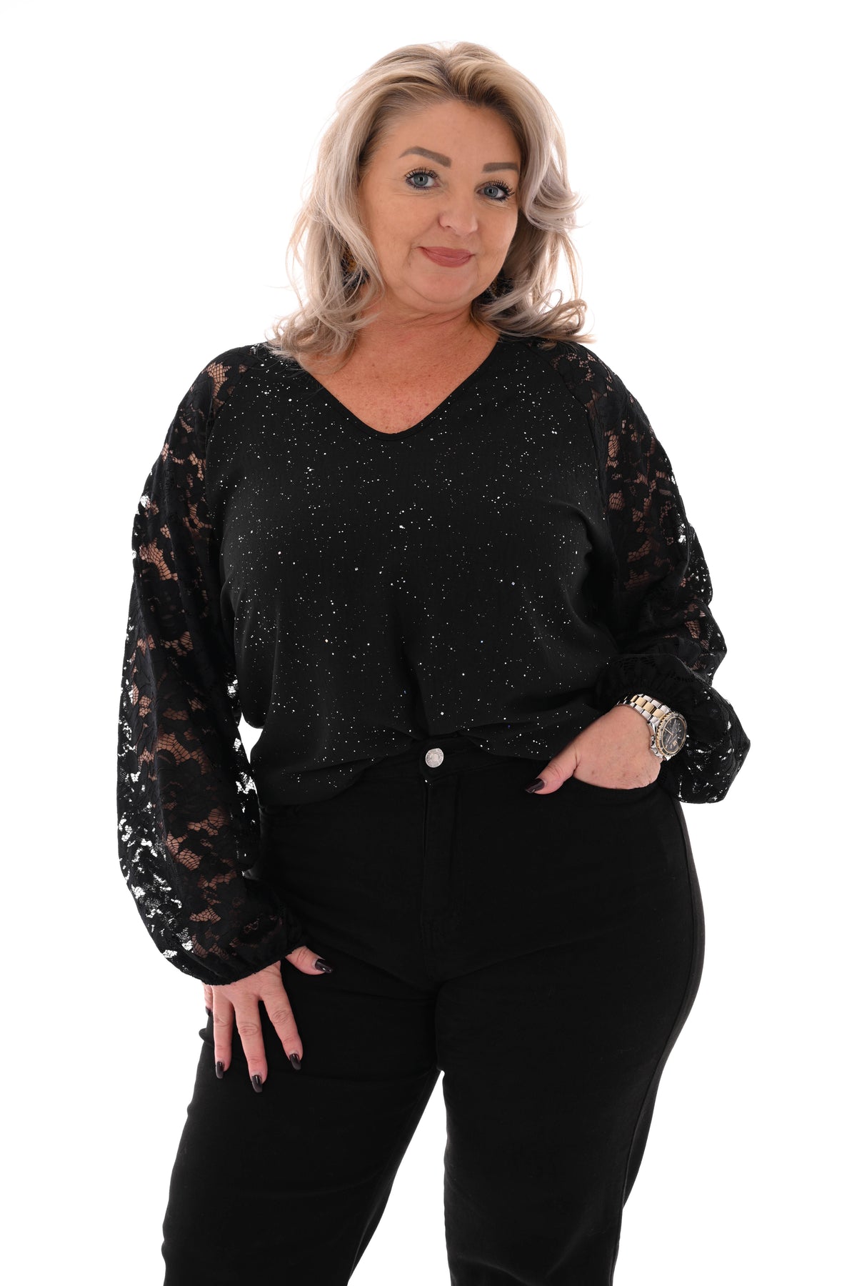 Top v-hals glitter kanten mouwen zwart