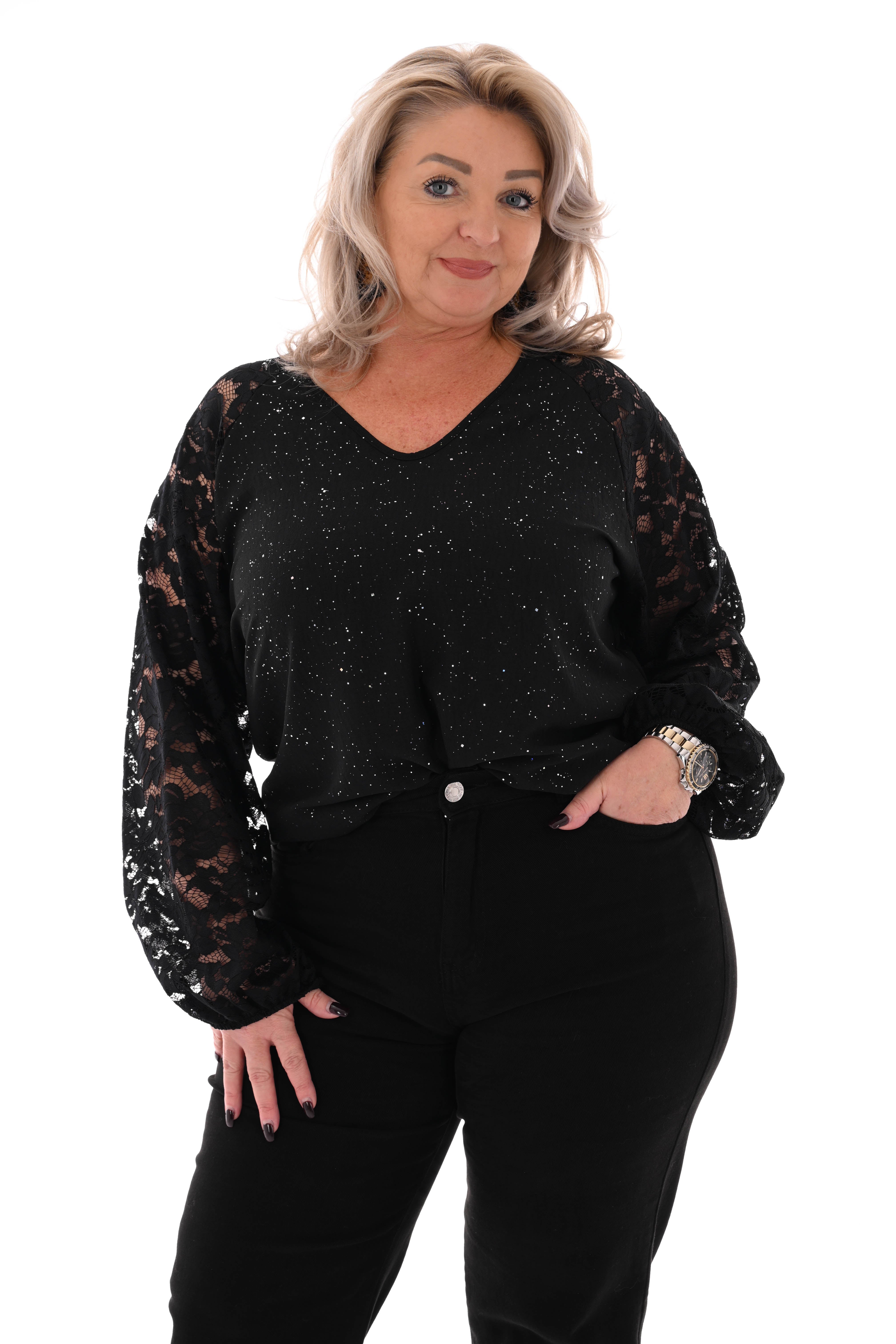 Top v-hals glitter kanten mouwen zwart
