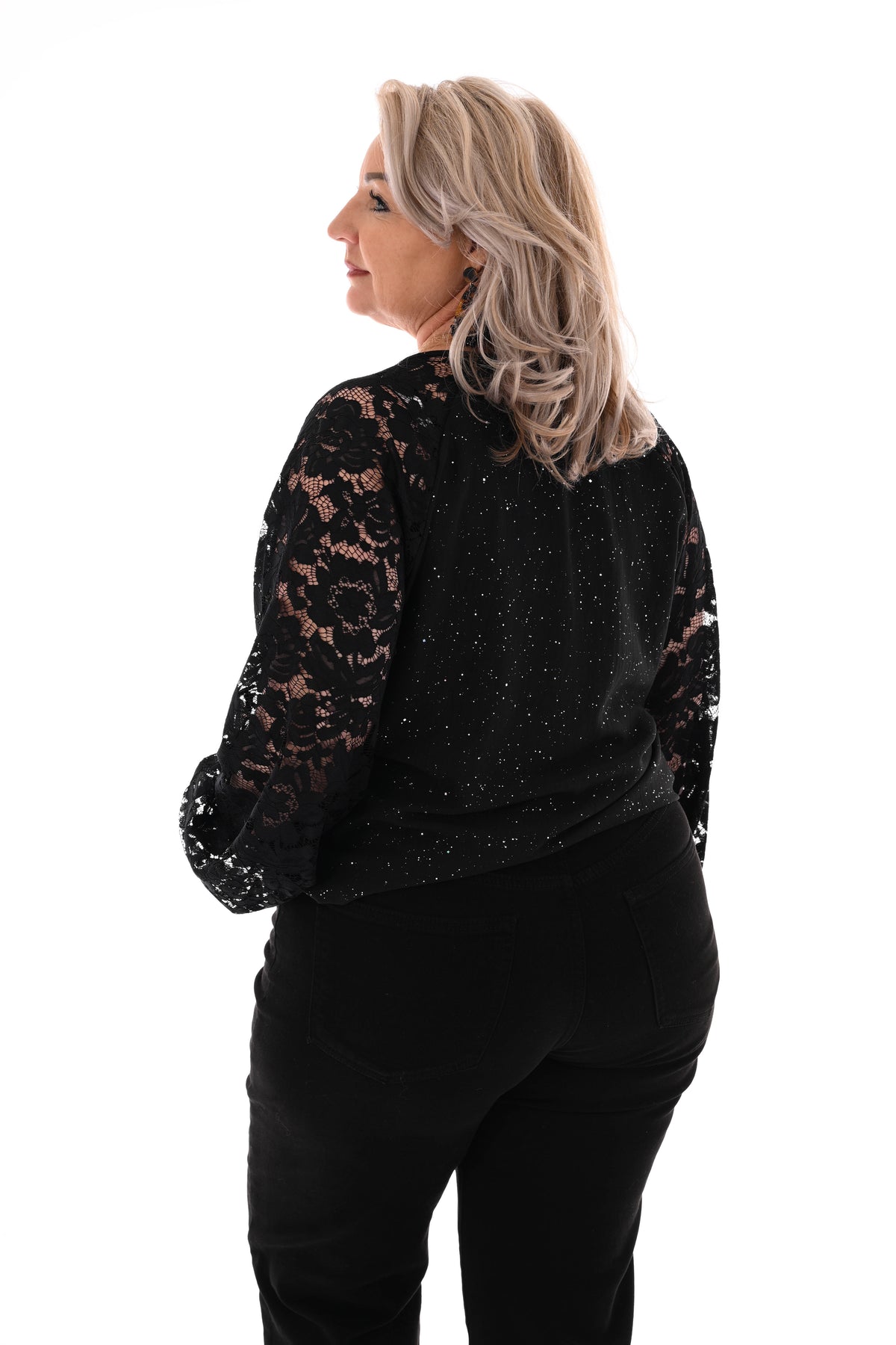 Top v-hals glitter kanten mouwen zwart