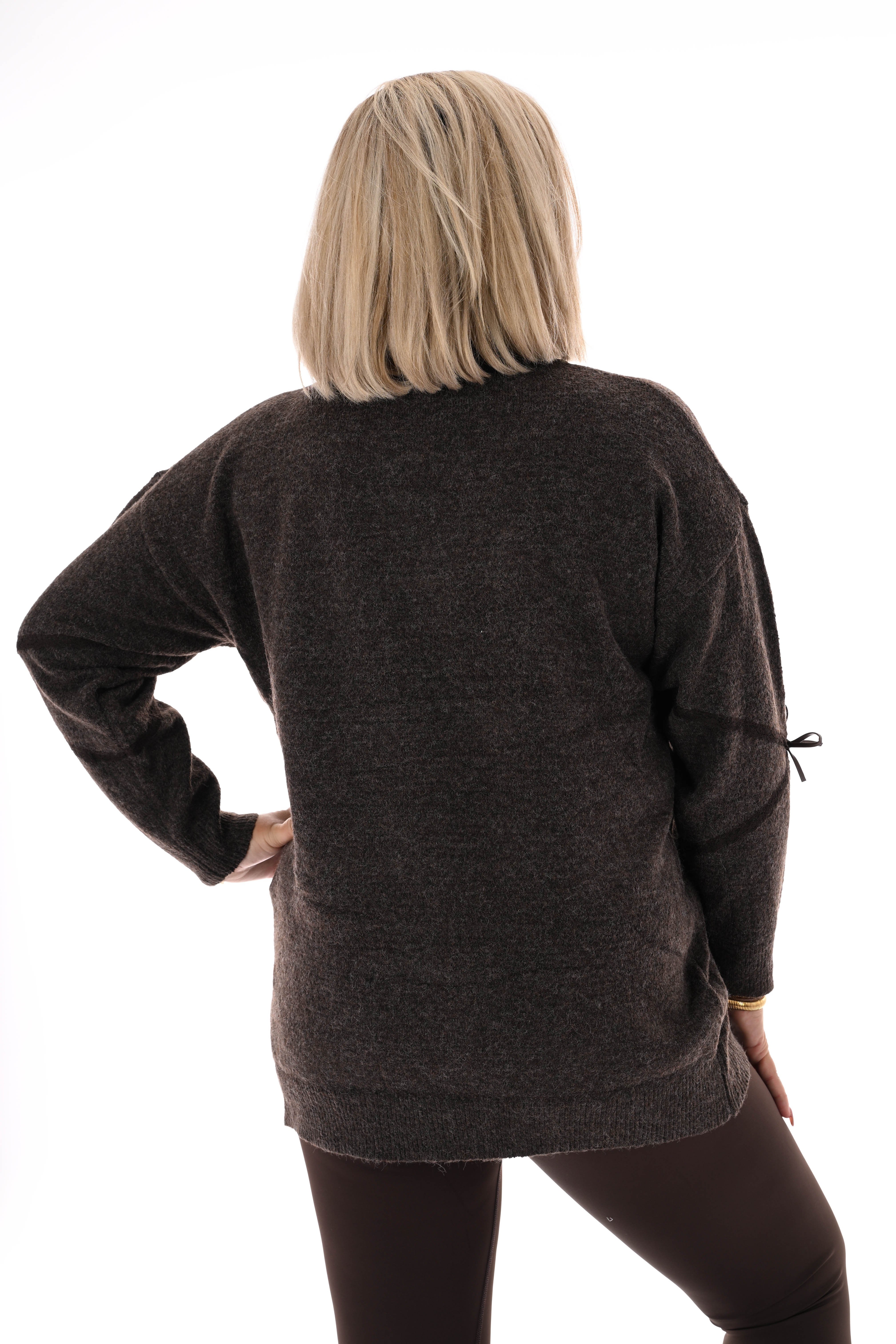 Trui met kant en strikjes donkerbruin