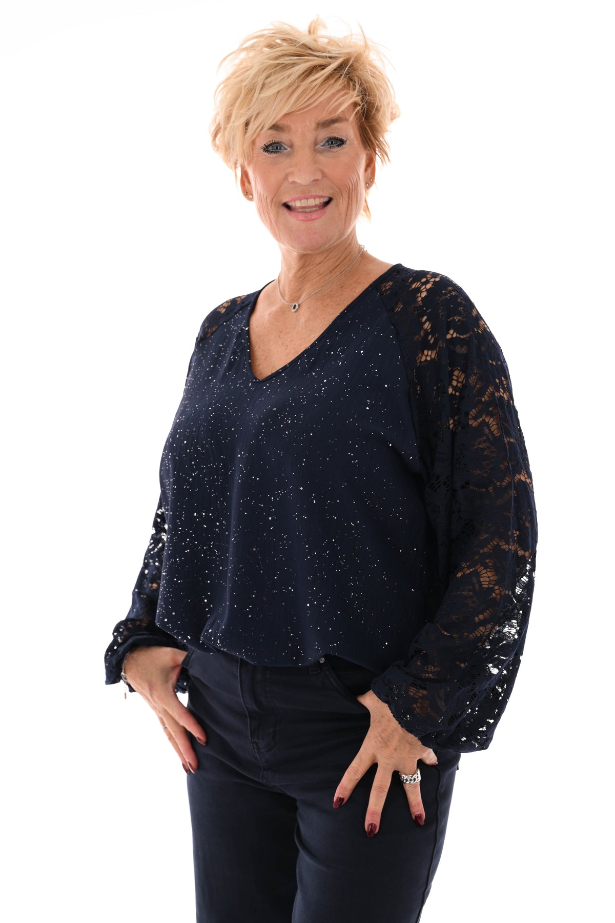 Top v-hals glitter kanten mouwen marineblauw