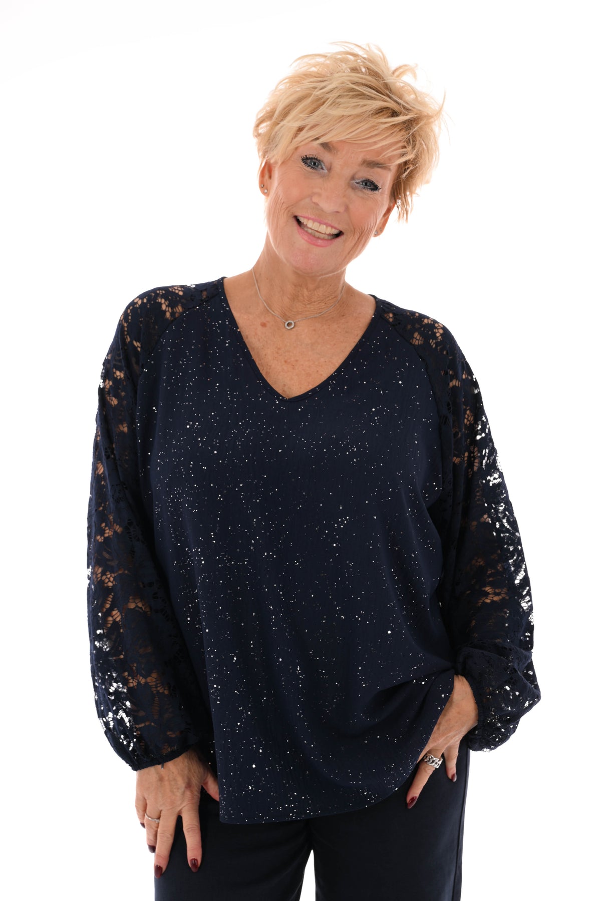Top v-hals glitter kanten mouwen marineblauw