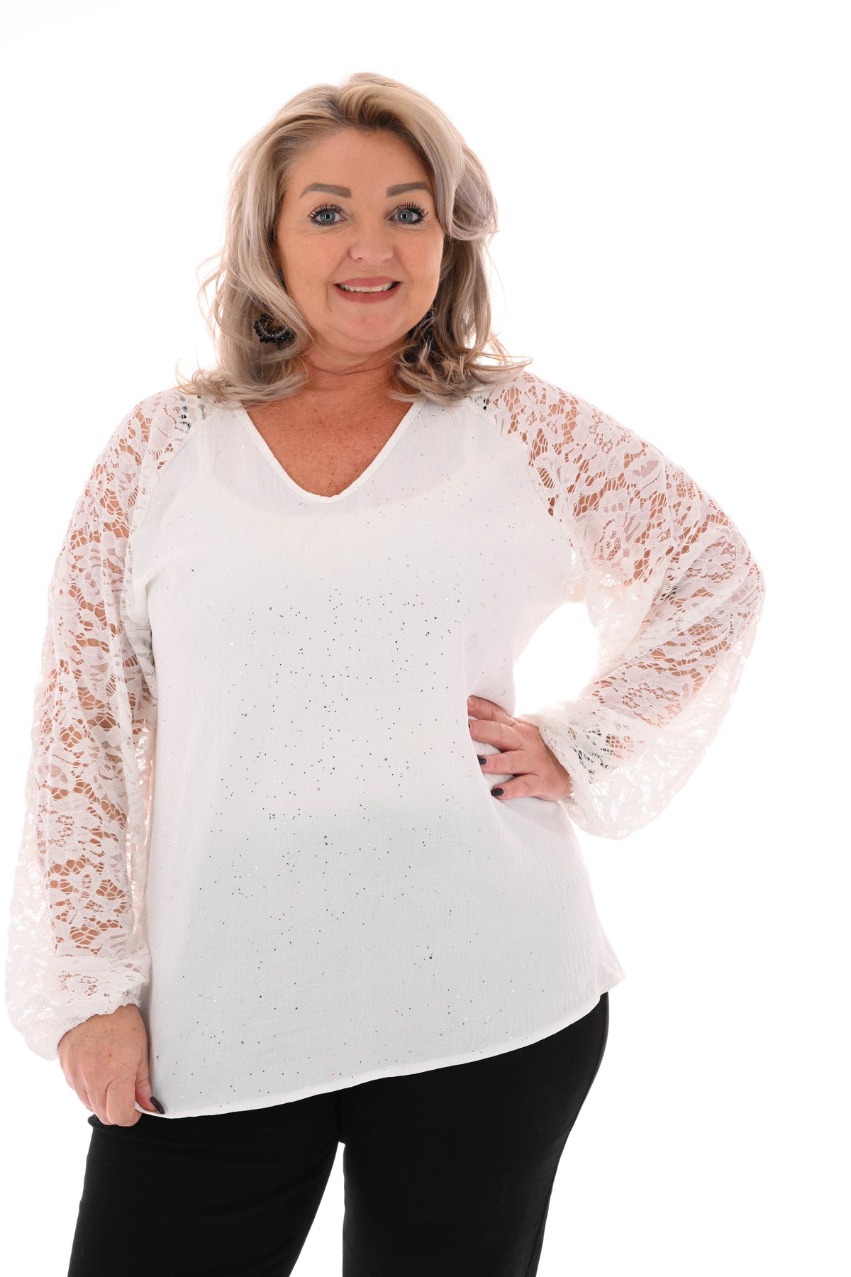 Top v-hals glitter kanten mouwen roomwit