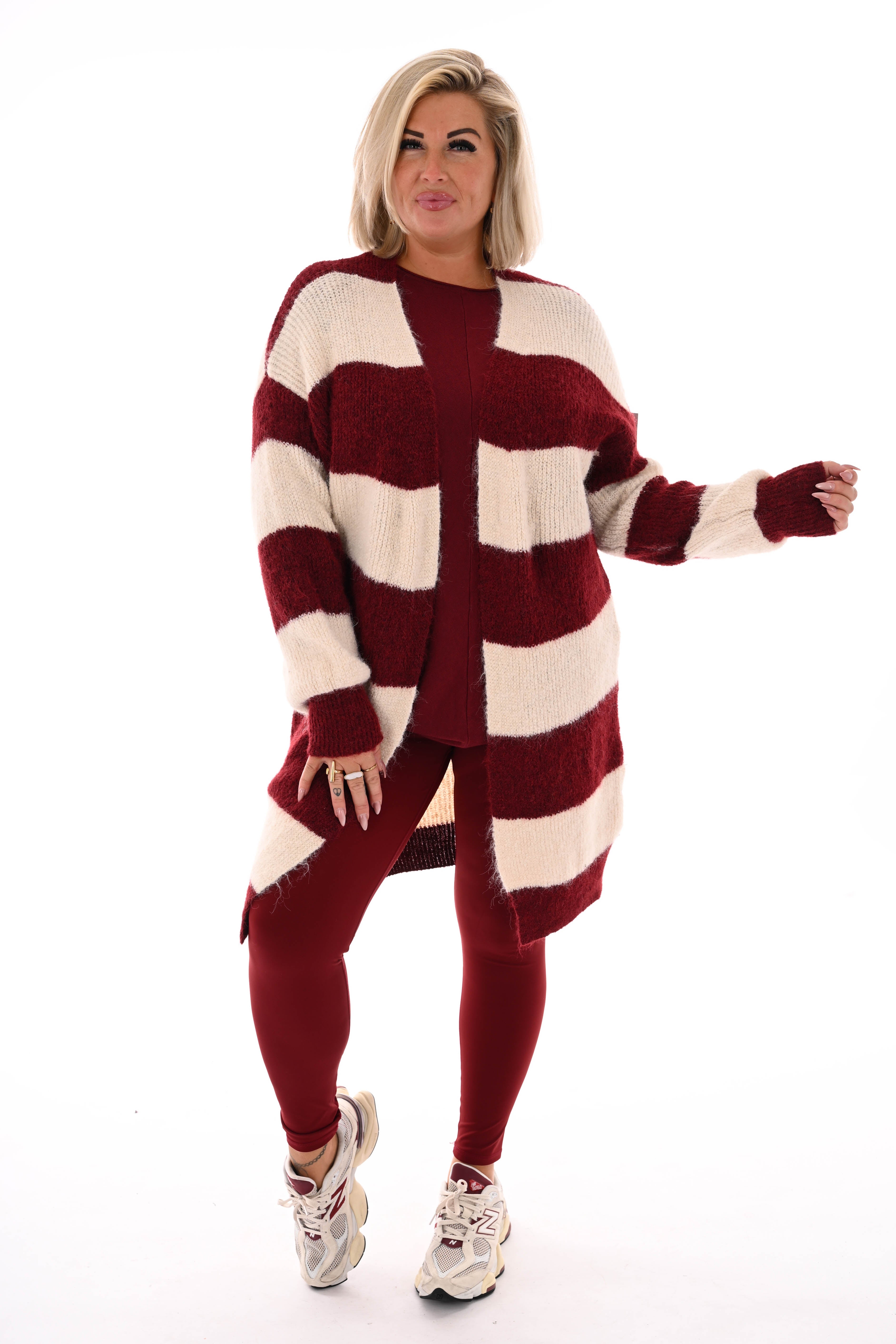 Half lang vest gestreept met pofmouwen bordeaux/roomwit