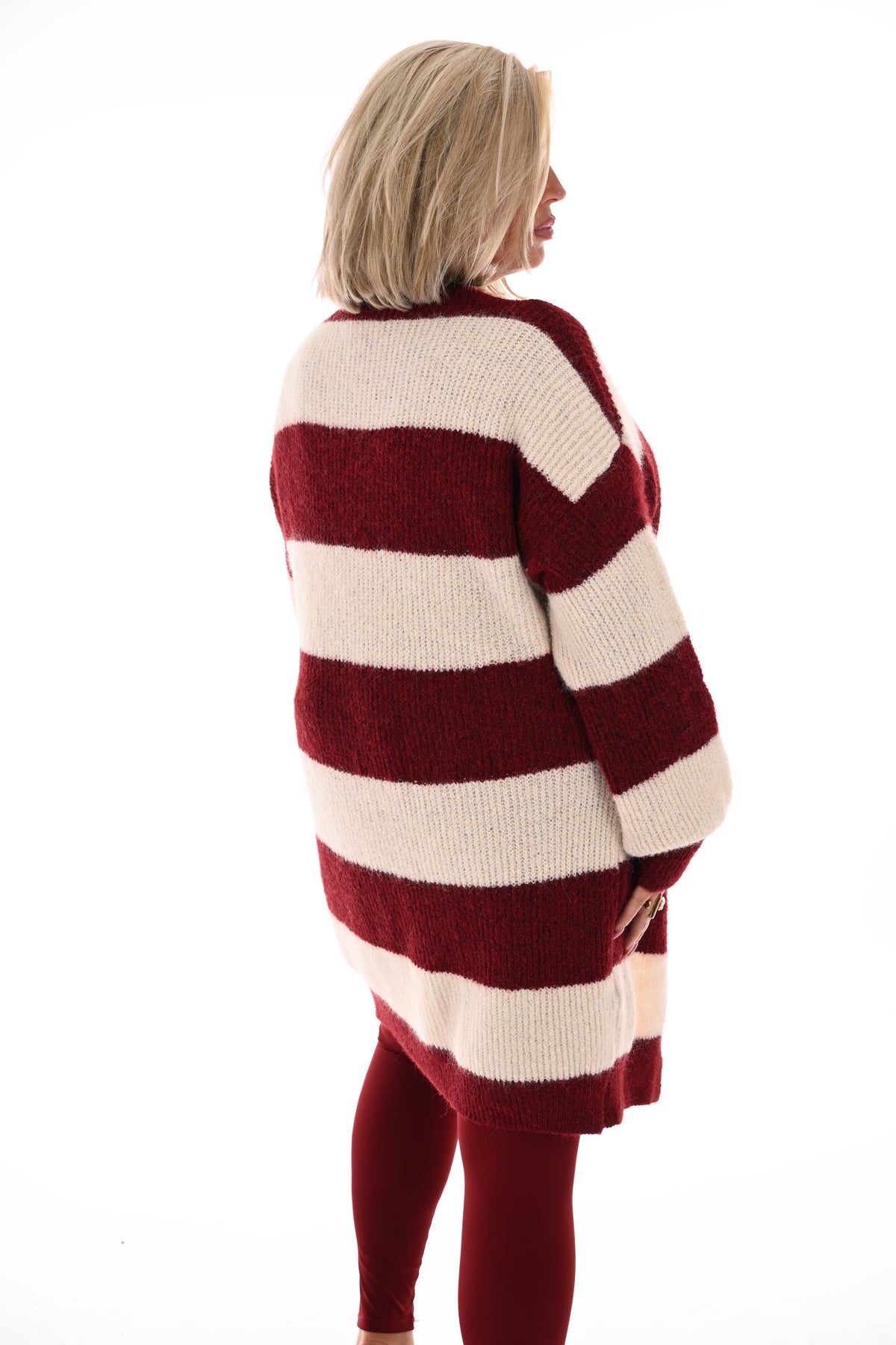 Half lang vest gestreept met pofmouwen bordeaux/roomwit