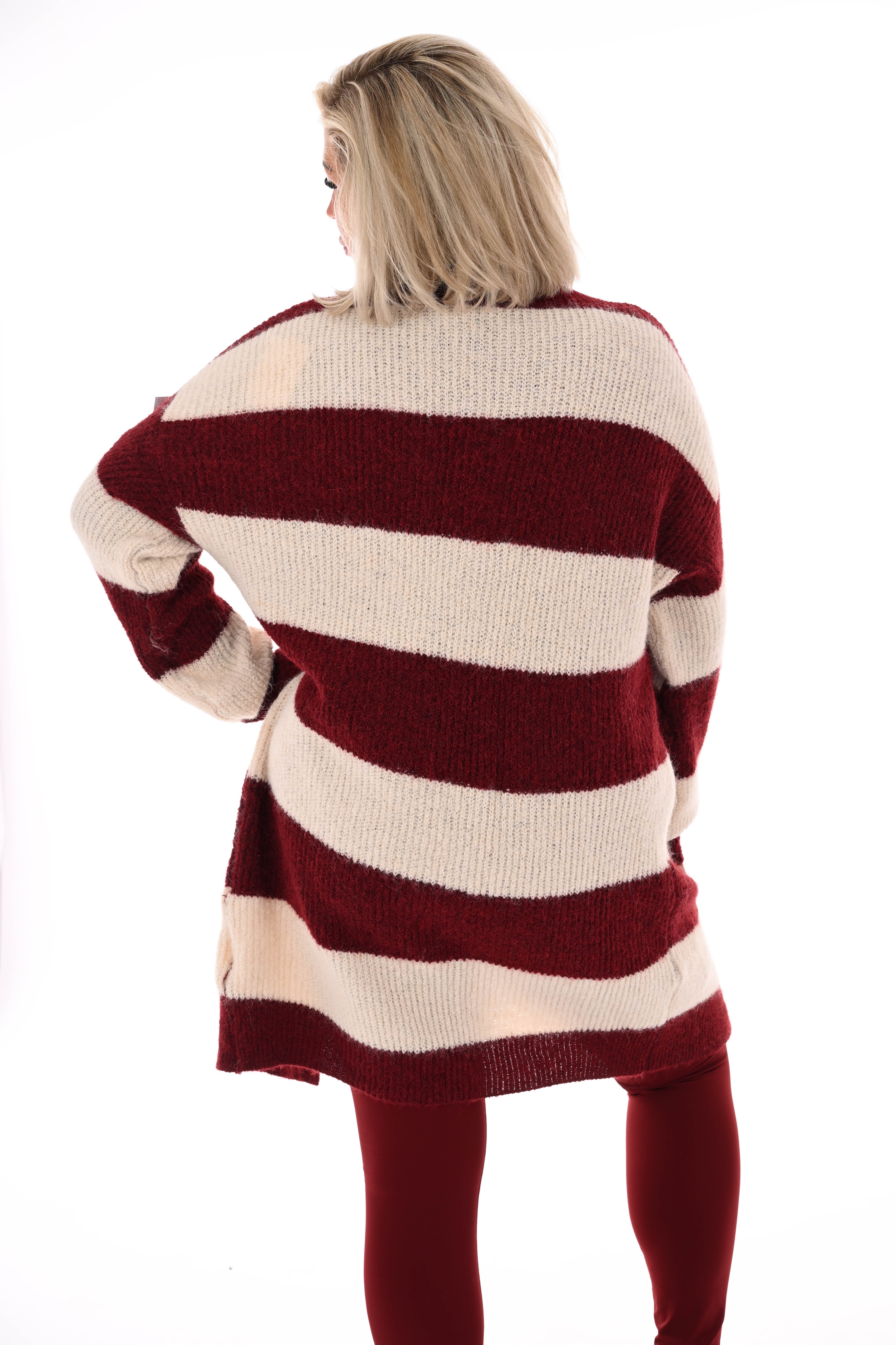 Half lang vest gestreept met pofmouwen bordeaux/roomwit