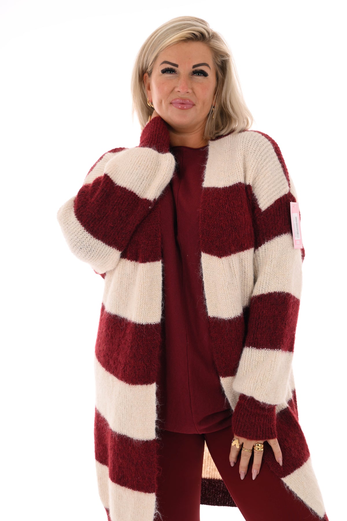 Half lang vest gestreept met pofmouwen bordeaux/roomwit