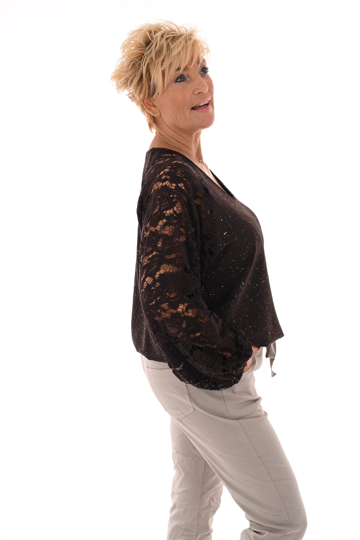 Top v-hals glitter kanten mouwen donkerbruin