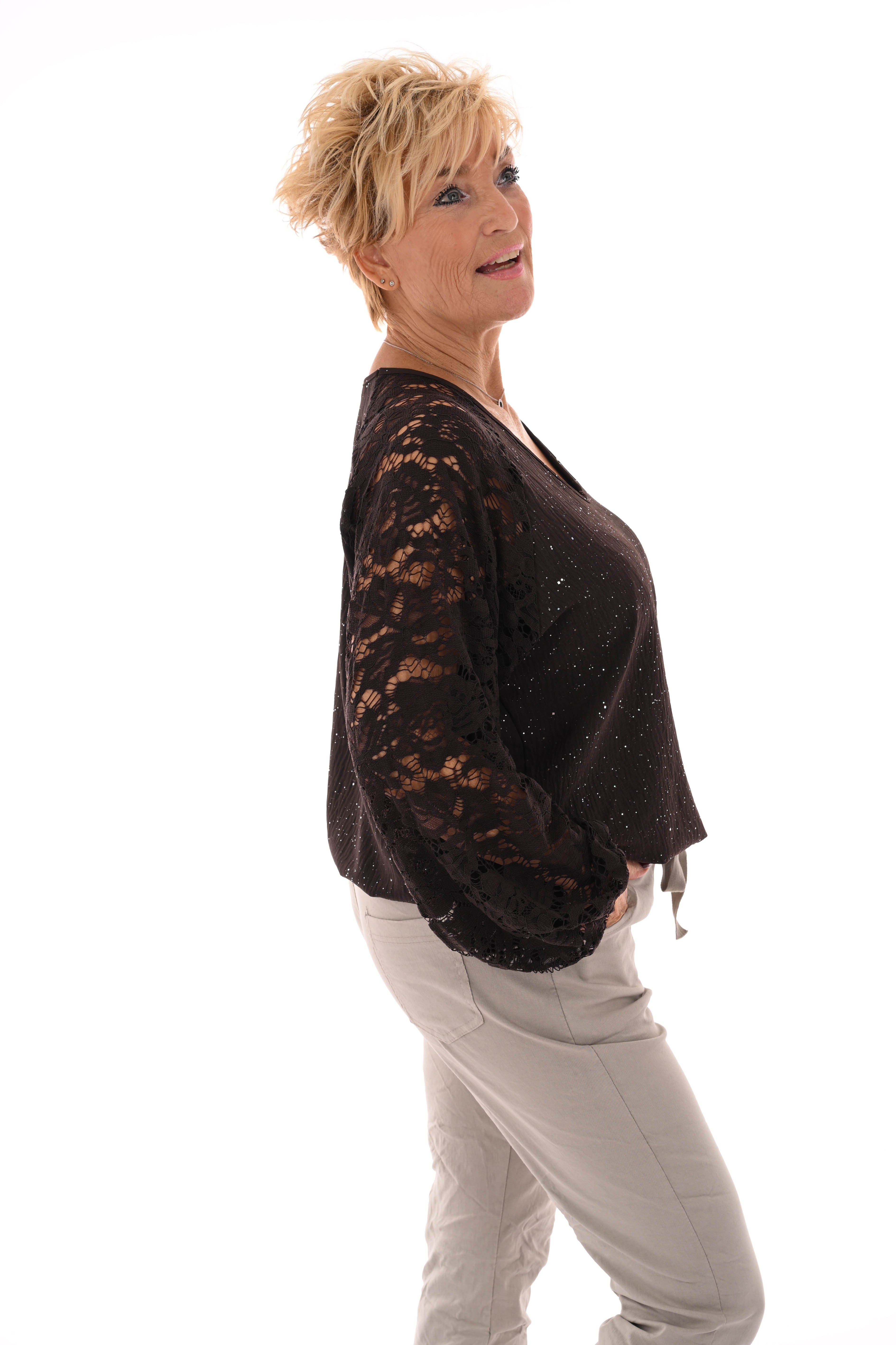 Top v-hals glitter kanten mouwen donkerbruin