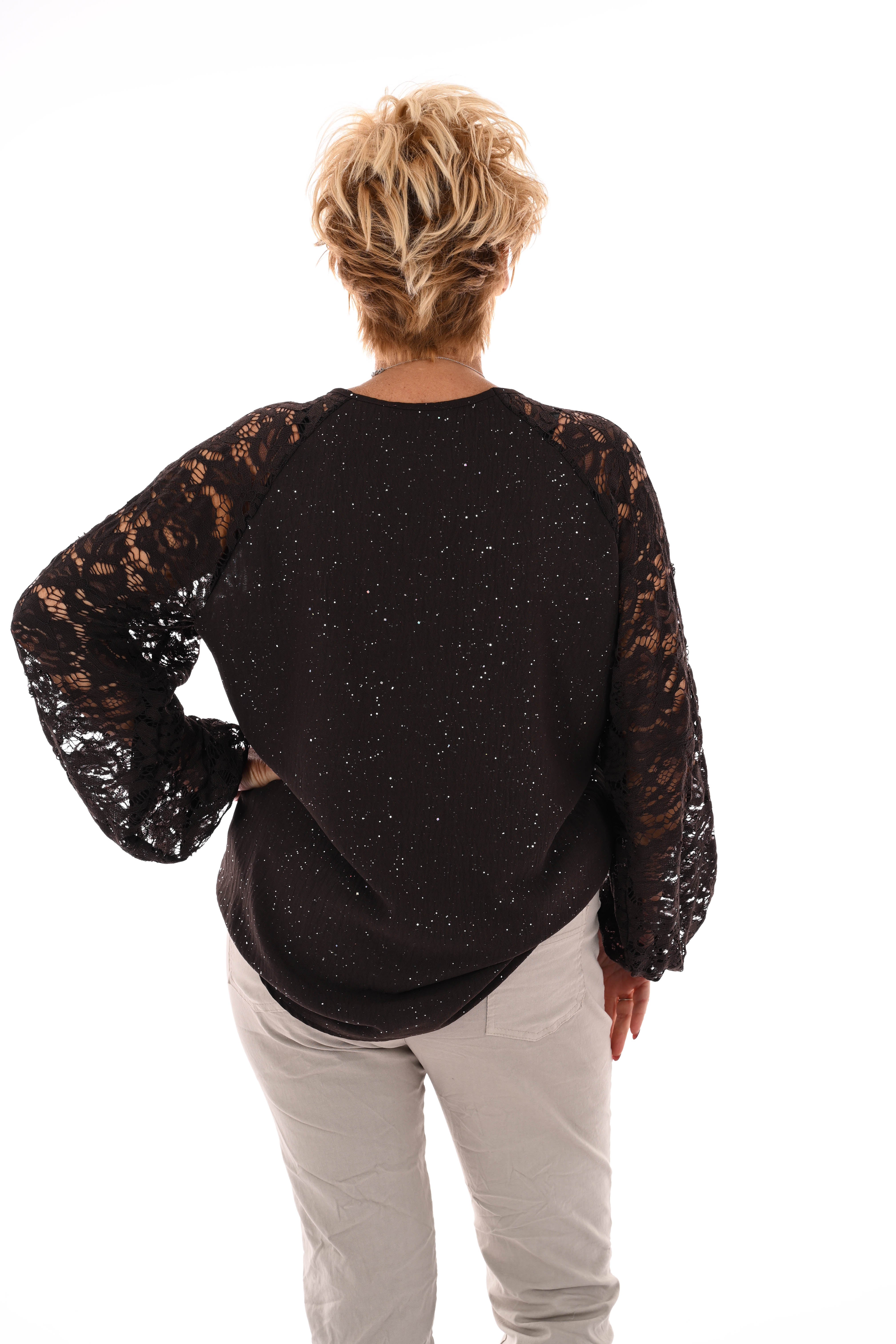 Top v-hals glitter kanten mouwen donkerbruin