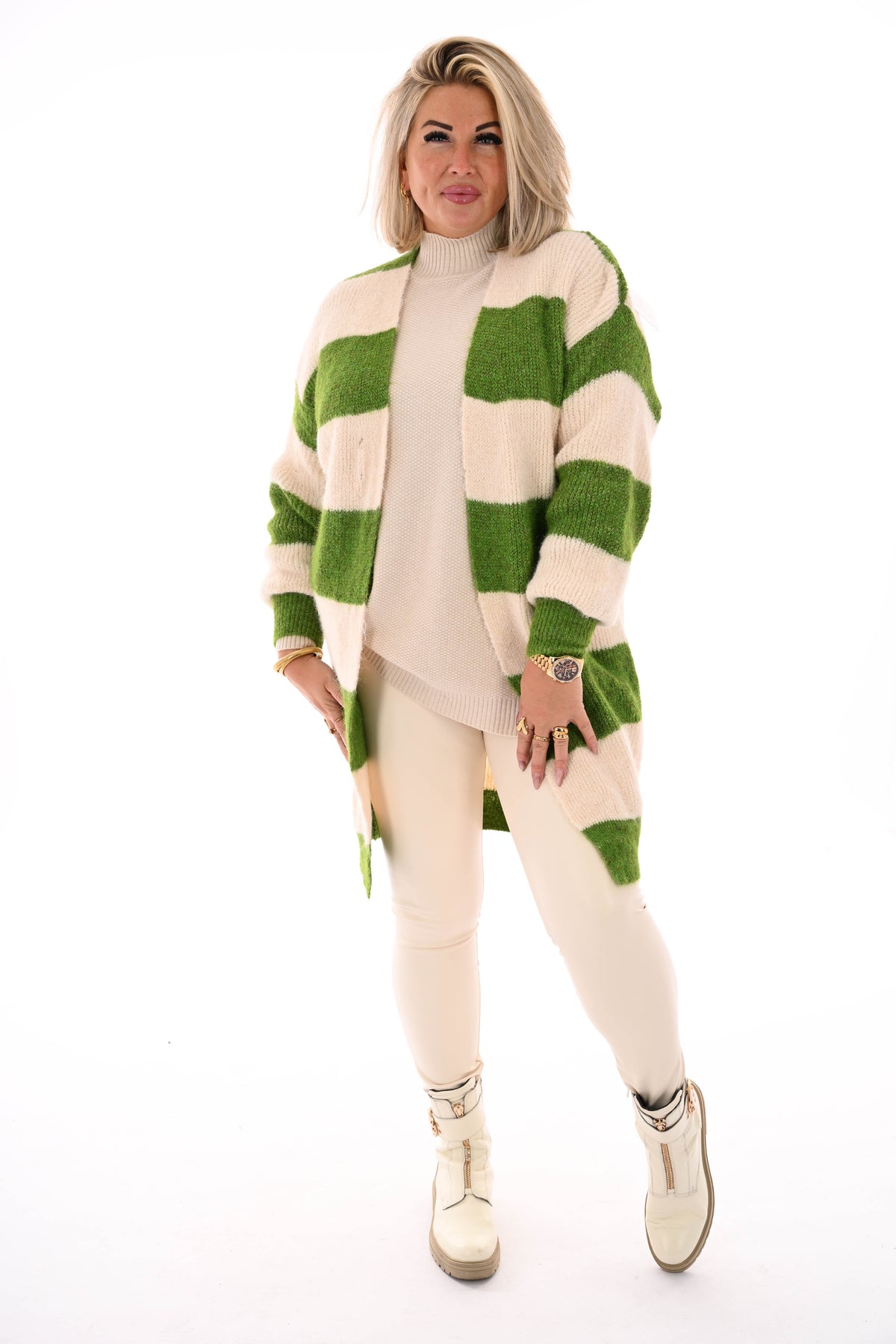 Half lang vest gestreept met pofmouwen groen/roomwit